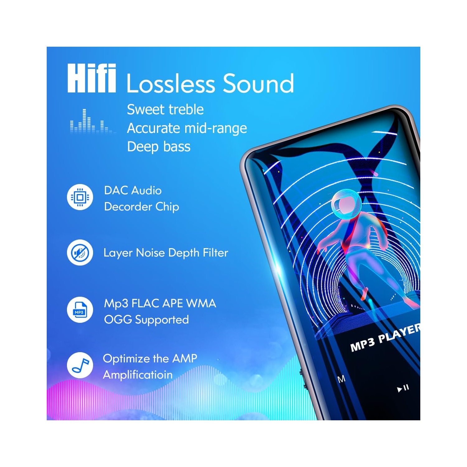 Lecteur MP3 64&nbsp;Go avec Bluetooth, lecteur de musique numérique portatif sans perte avec enregistreur radio FM, lecteur MP3/MP4 à pince pour les