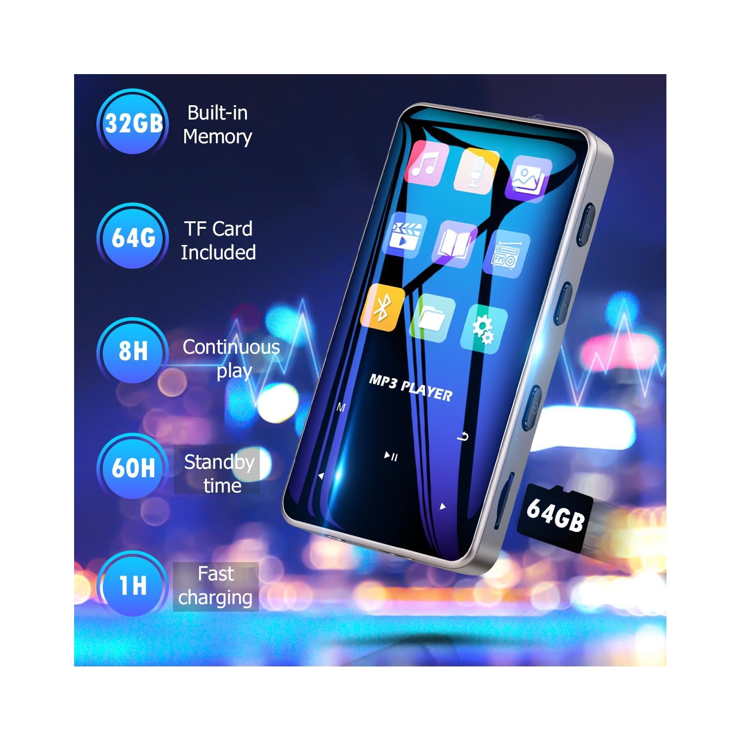 Lecteur MP3 64&nbsp;Go avec Bluetooth, lecteur de musique numérique portatif sans perte avec enregistreur radio FM, lecteur MP3/MP4 à pince pour les