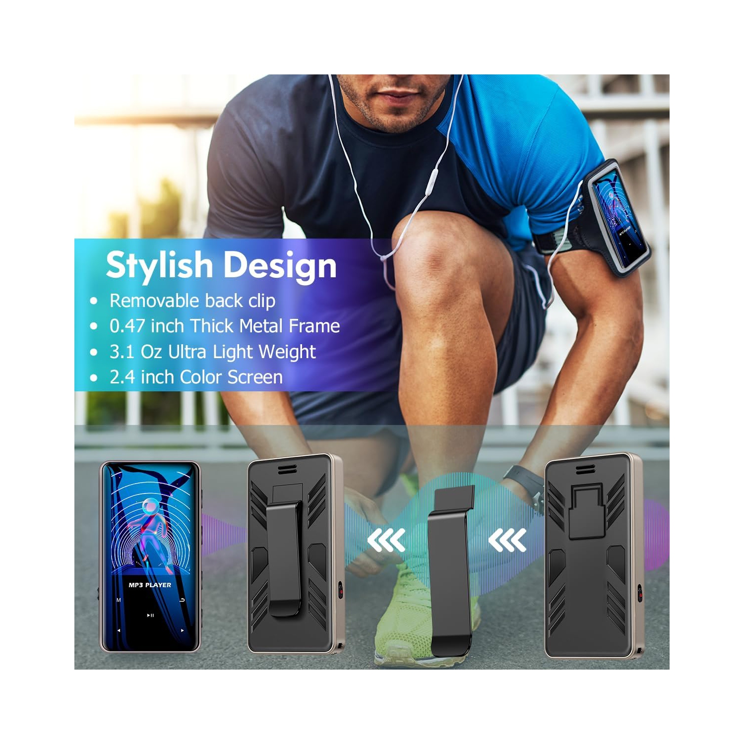 Lecteur MP3 64&nbsp;Go avec Bluetooth, lecteur de musique numérique portatif sans perte avec enregistreur radio FM, lecteur MP3/MP4 à pince pour les