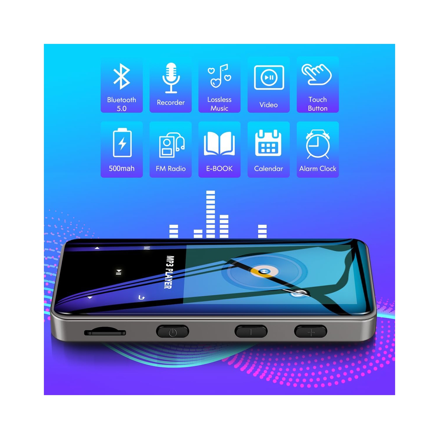 Lecteur MP3 64&nbsp;Go avec Bluetooth, lecteur de musique numérique portatif sans perte avec enregistreur radio FM, lecteur MP3/MP4 à pince pour les