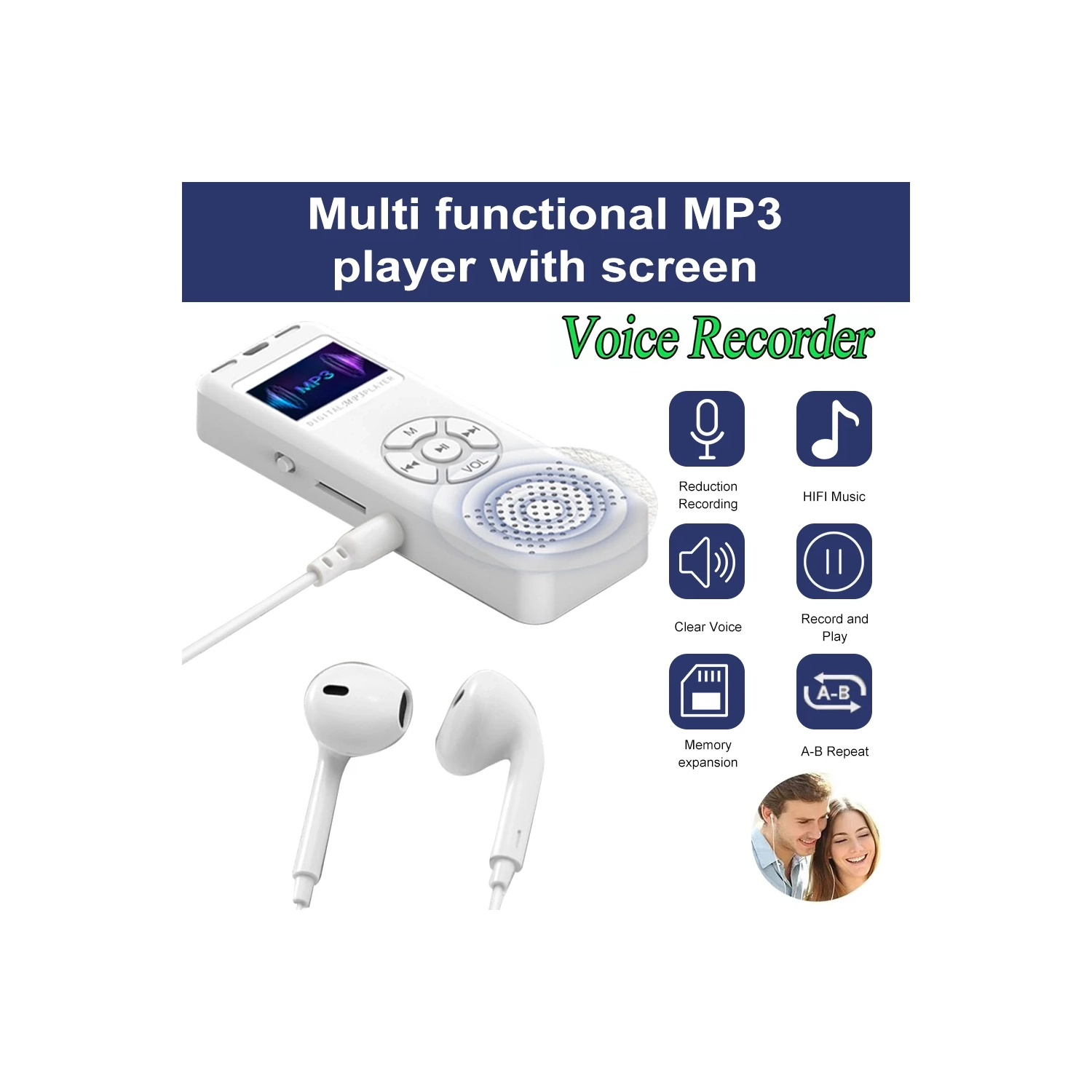 Lecteur MP3 avec écran, enregistrement Bluetooth, lecture de musique FM, écoute de romans, blanc avec écran [radio radio multifonctions