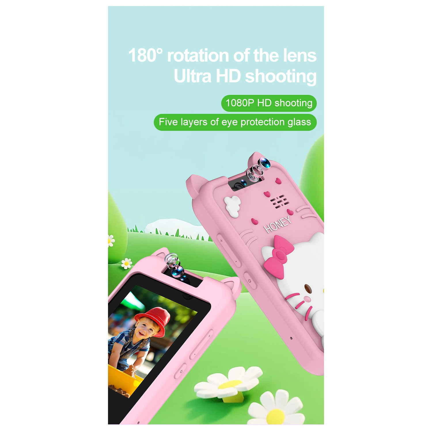 New children's 2.8-inch HD mobile phone touch camera can be flipped SLR photo cartoon camera-children's smartphone 1080p HD girl boy-pink-pony