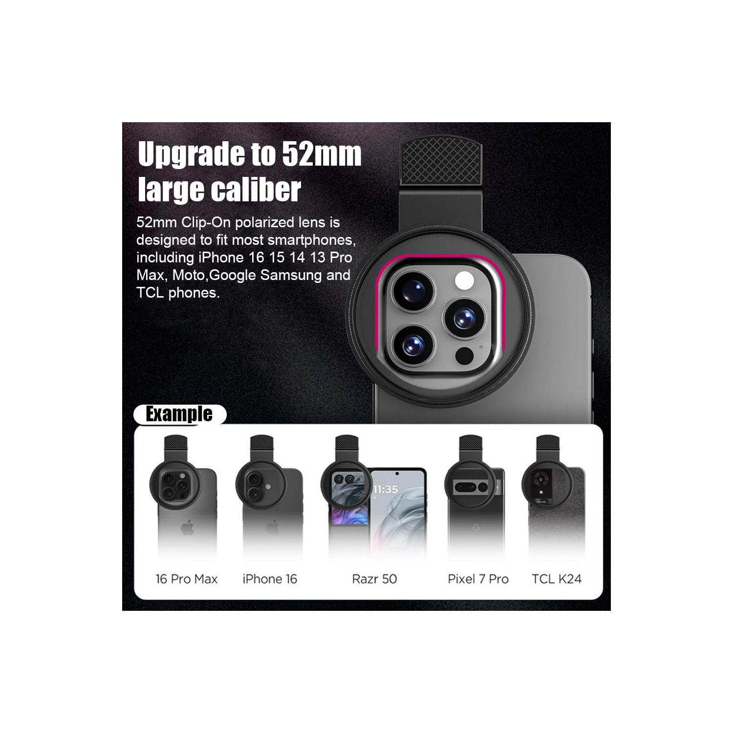 2-Pack Cell Phone Polarizer, 52mm Clip-On CPL Camera Lens Filter Kit for Live Video and Reflection Elimination