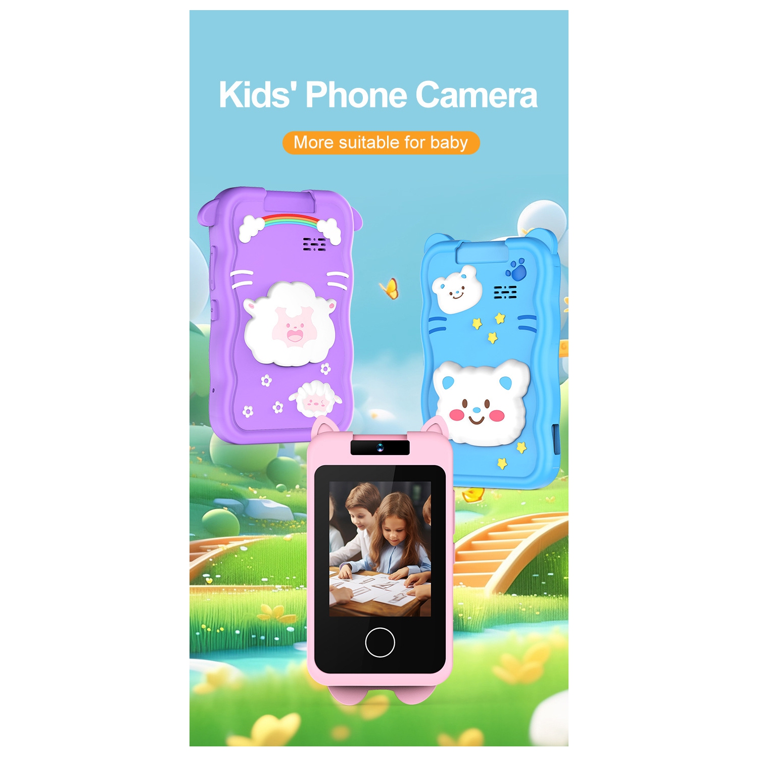 New children's 2.8-inch HD mobile phone touch camera can be flipped SLR photo cartoon camera-children's smartphone 1080p HD girl boy-pink-kitten