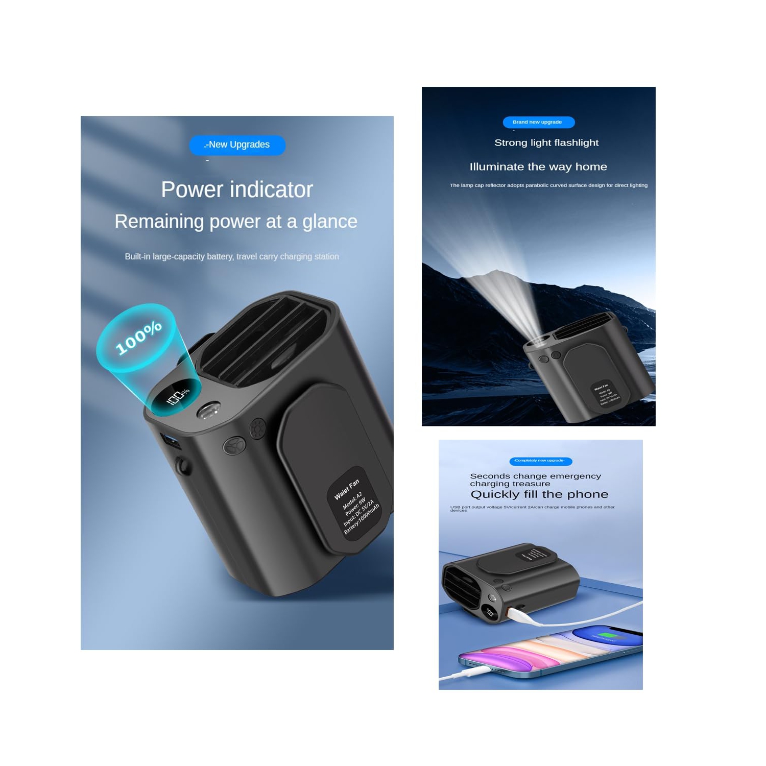 10000mAh Waist Fan Super Airflow Waist Clip Wearable Fan Necklace Fan Personal Fan Cooling Fan Hands-free for Fishing, Gardening, Climbing, Cycling