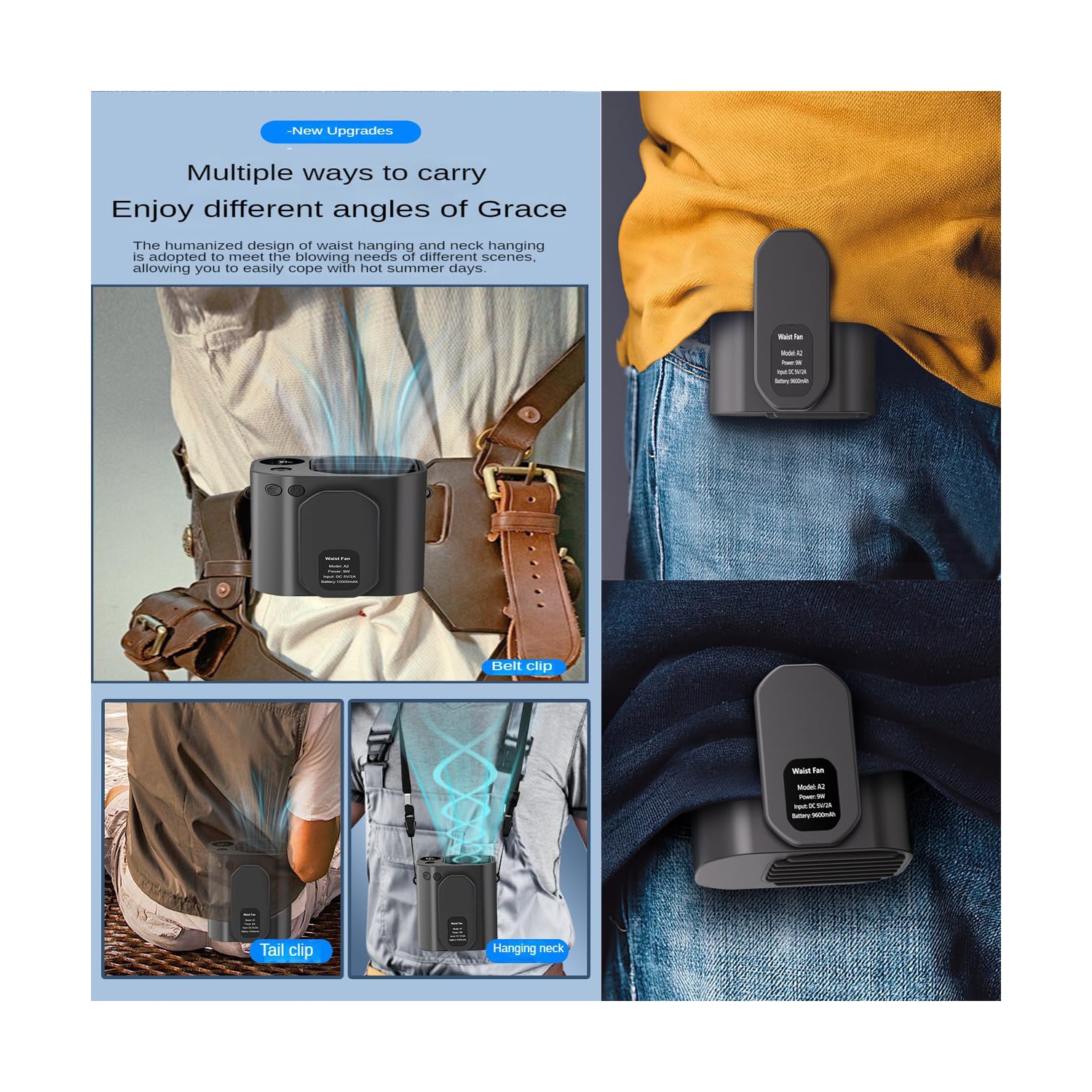 10000mAh Waist Fan Super Airflow Waist Clip Wearable Fan Necklace Fan Personal Fan Cooling Fan Hands-free for Fishing, Gardening, Climbing, Cycling