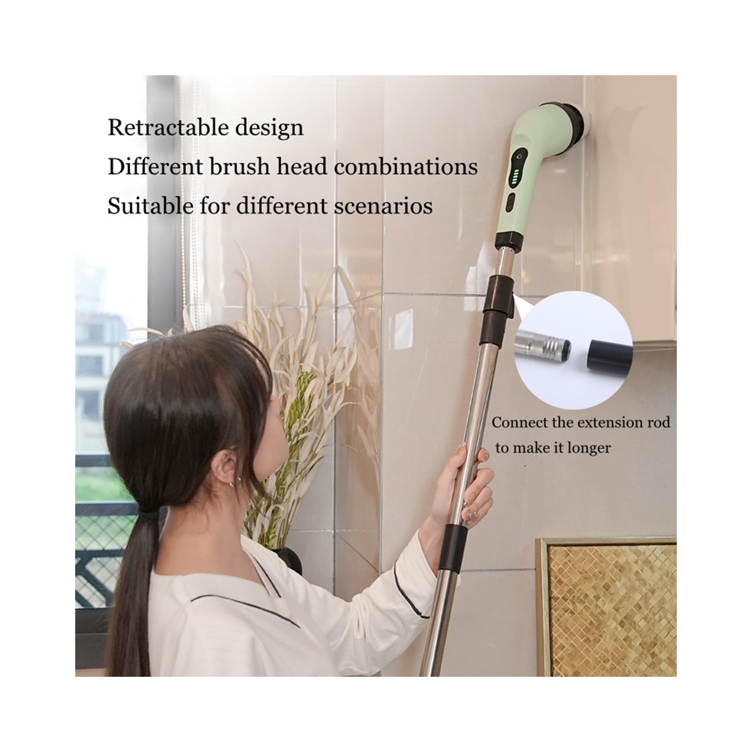 Brosse à récurer électrique sans fil avec poignée longue et 9 têtes de brosse interchangeables, deux vitesses, brosse de douche pour le nettoyage