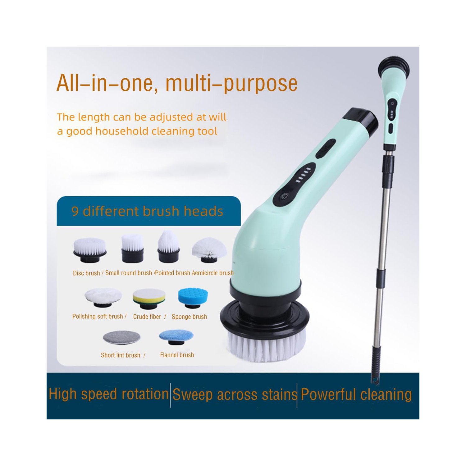 Brosse à récurer électrique sans fil avec poignée longue et 9 têtes de brosse interchangeables, deux vitesses, brosse de douche pour le nettoyage