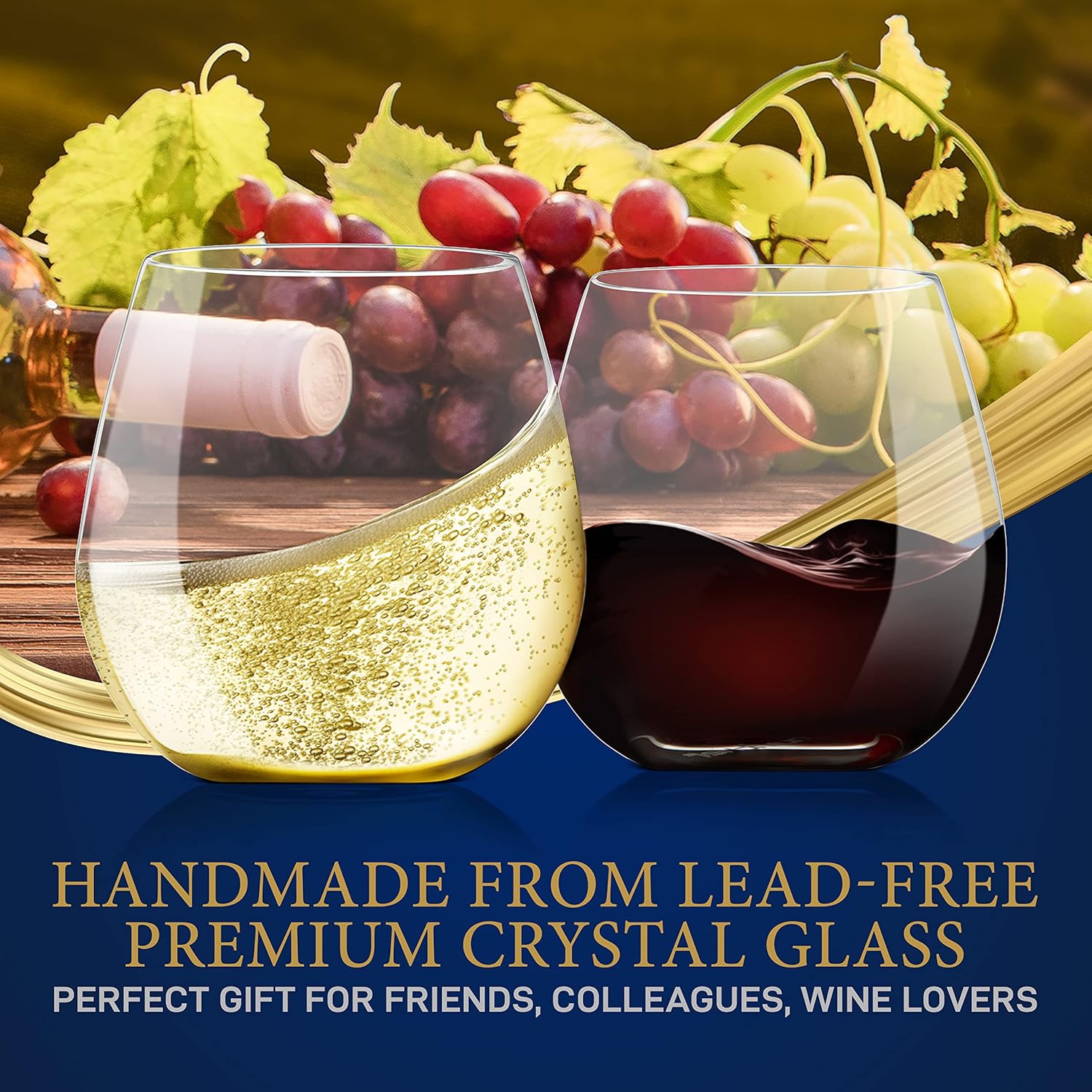 NutriChef 15oz Stemless Wine Glasses - Set of 8 Ultra Thin Elegant Red & White Wine Clear Crystal Glass Drinkware, Lead-Free, Hand Blown Seamless