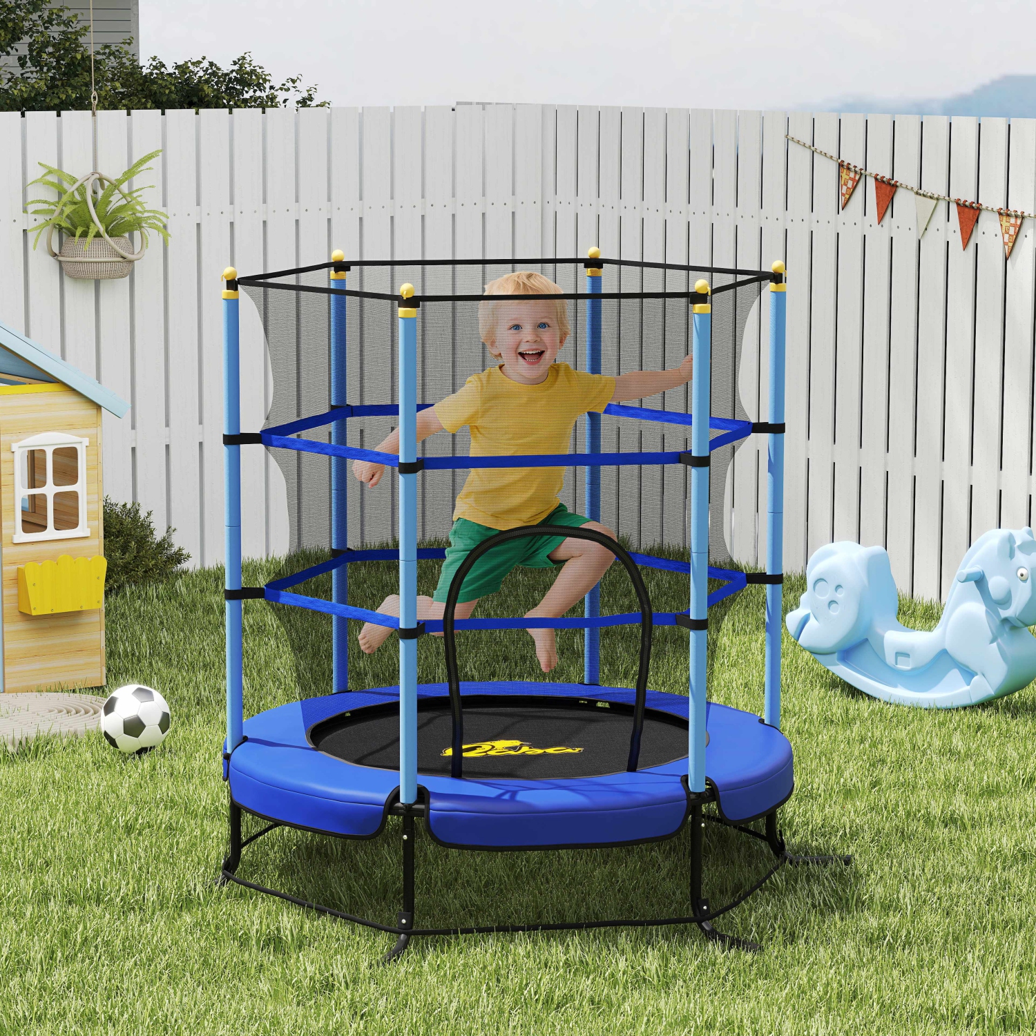 Qaba Kids Trampoline with Safety Enclosure Net and Built-in Zipper Safety Pad, Indoor Outdoor Exercise Fitness Equipment for Children Toddler Age