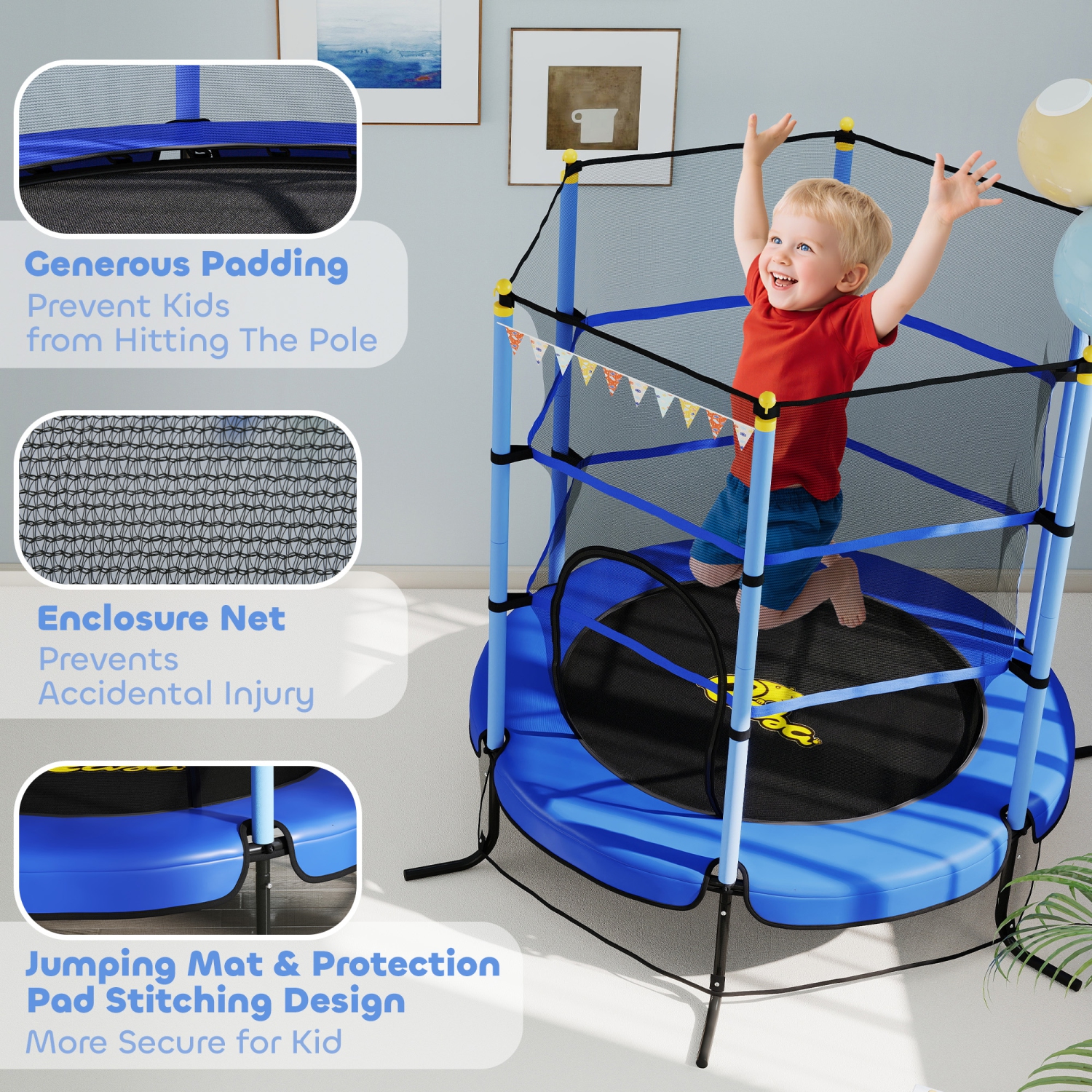 Qaba Kids Trampoline with Safety Enclosure Net and Built-in Zipper Safety Pad, Indoor Outdoor Exercise Fitness Equipment for Children Toddler Age