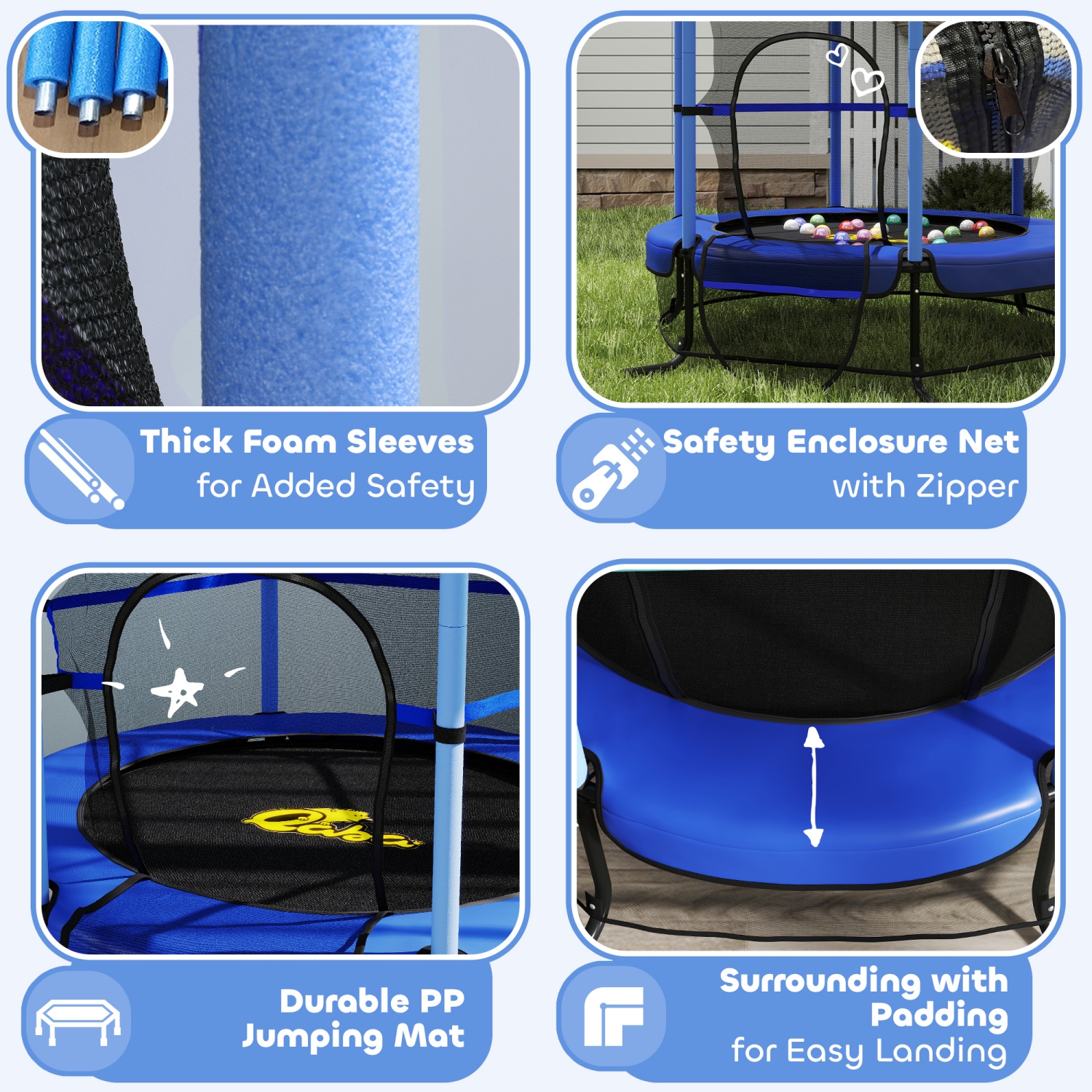 Qaba Kids Trampoline with Safety Enclosure Net and Built-in Zipper Safety Pad, Indoor Outdoor Exercise Fitness Equipment for Children Toddler Age