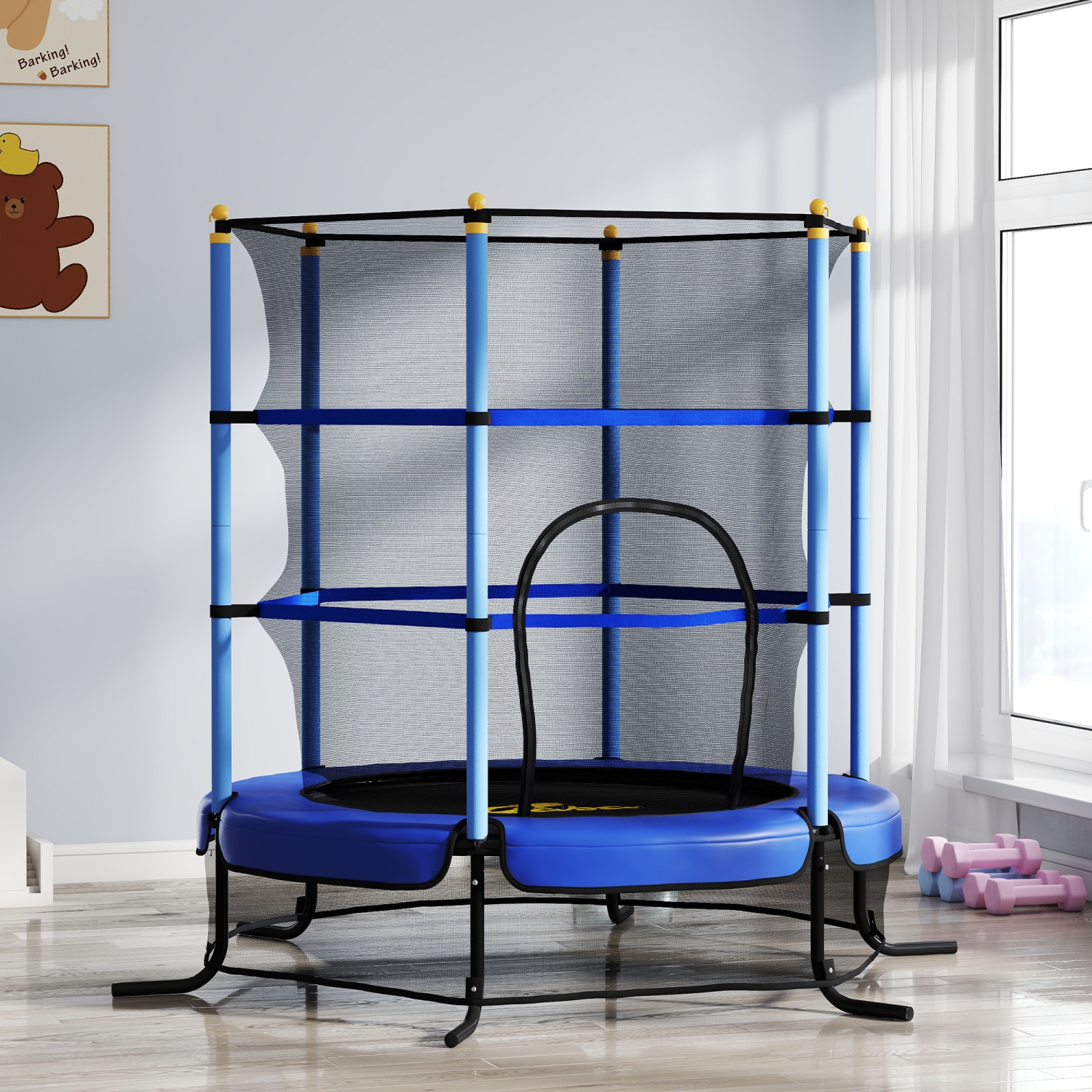 Qaba Kids Trampoline with Safety Enclosure Net and Built-in Zipper Safety Pad, Indoor Outdoor Exercise Fitness Equipment for Children Toddler Age