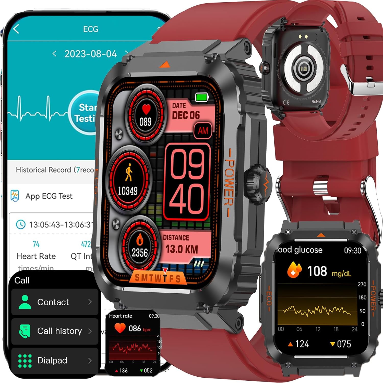 1.92-inch touch screen smart watch, Bluetooth call, blood oxygen/body temperature monitoring, IP68 waterproof, long battery life, perfect gift,