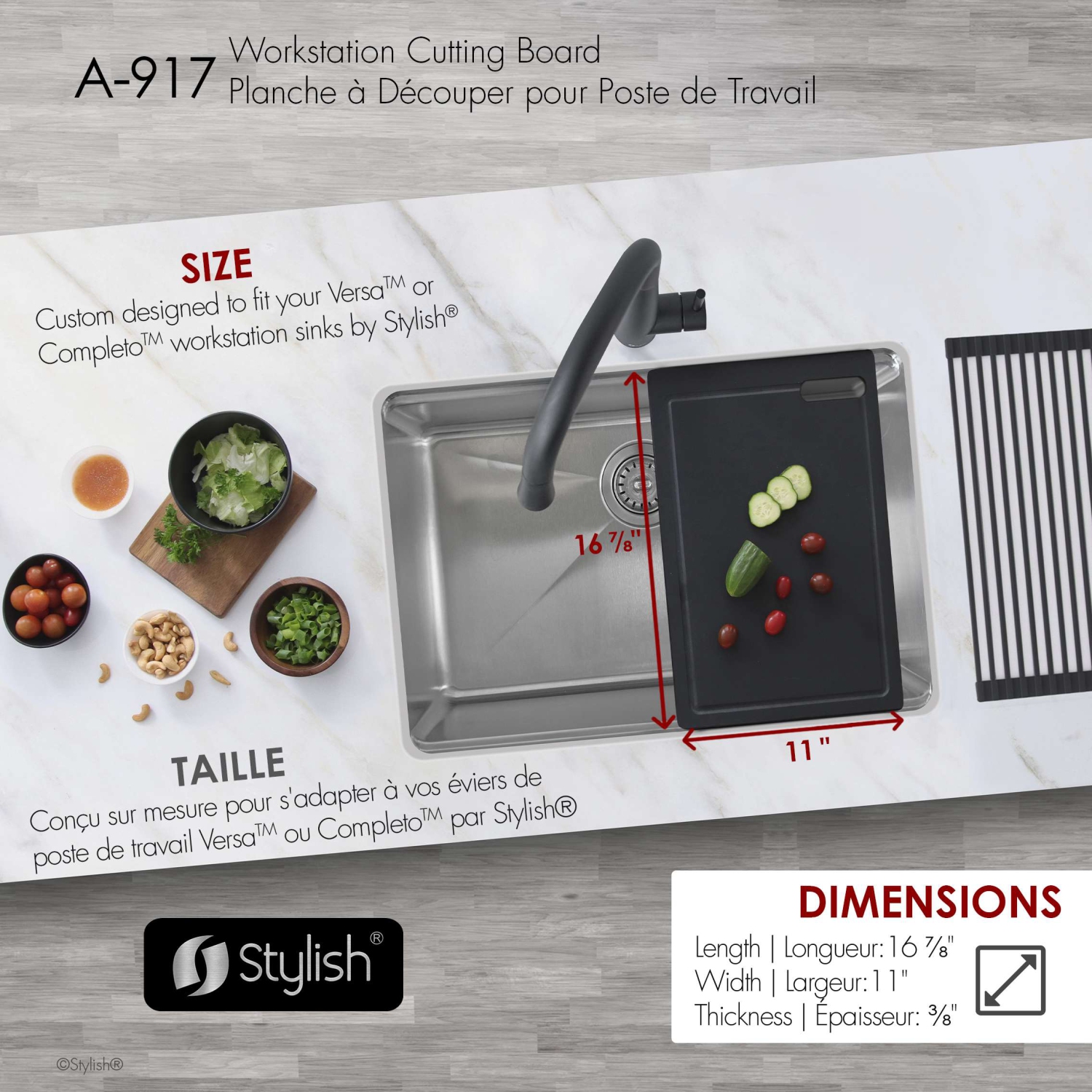 STYLISH 16 7/8" Black Wood Fiber Workstation Cutting Board