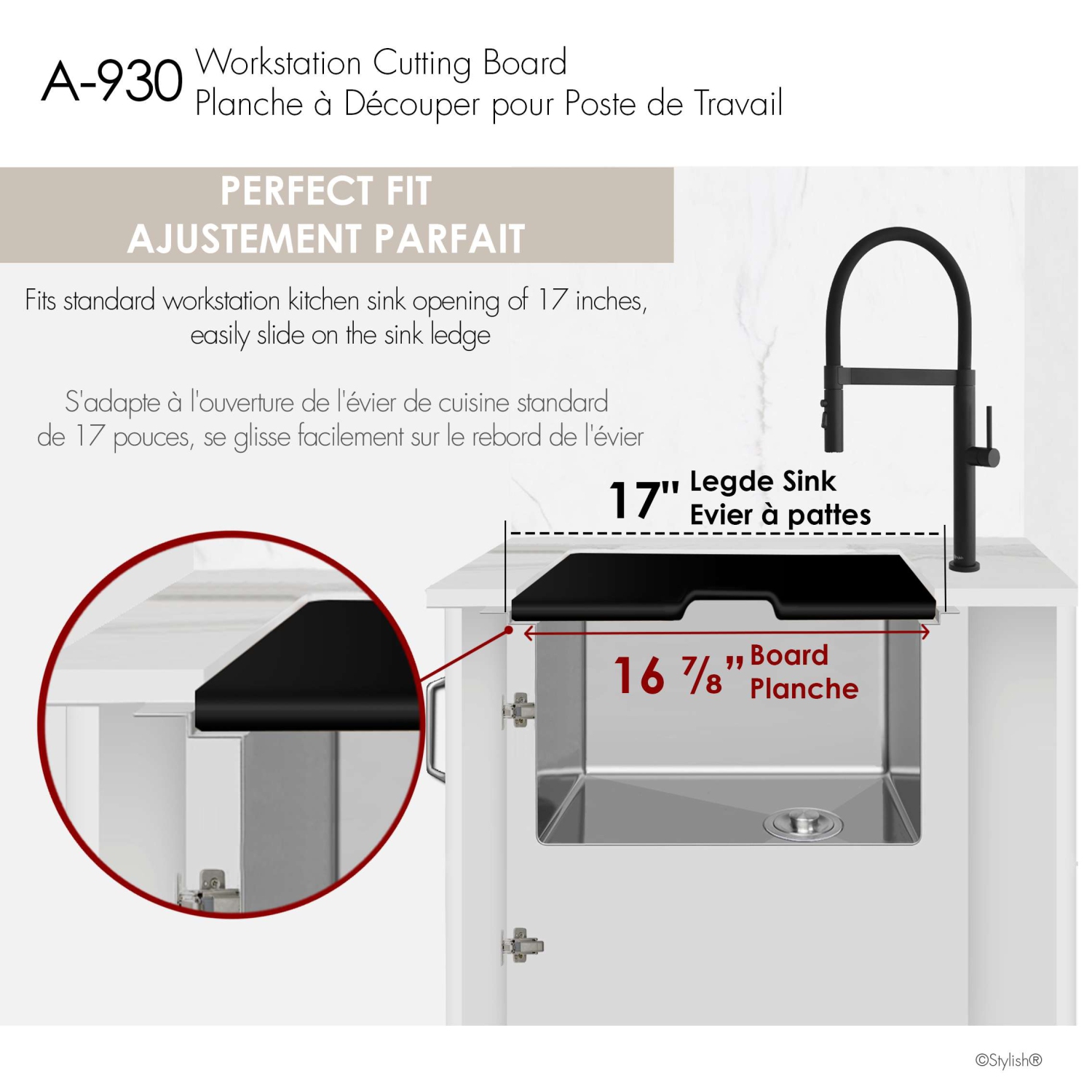 16 3/4" Black Wood Fiber Workstation Cutting Board