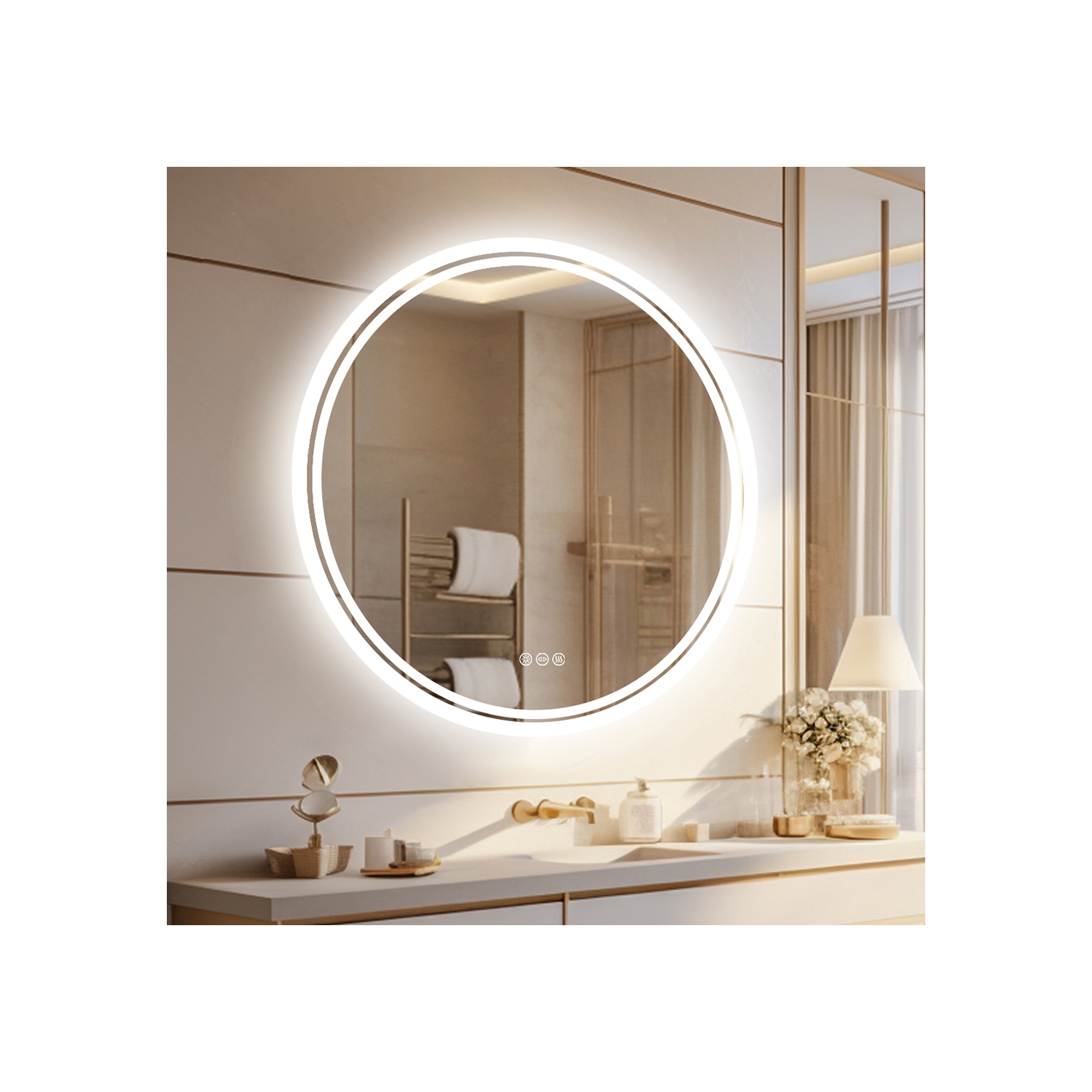 LUVODI 24 Inch Round LED Bathroom Mirror Backlit Anti-Fog Wall Mounted Lighted Bathroom Vanity Mirror 3 Colors Light Dimmable Smart Makeup Mirror