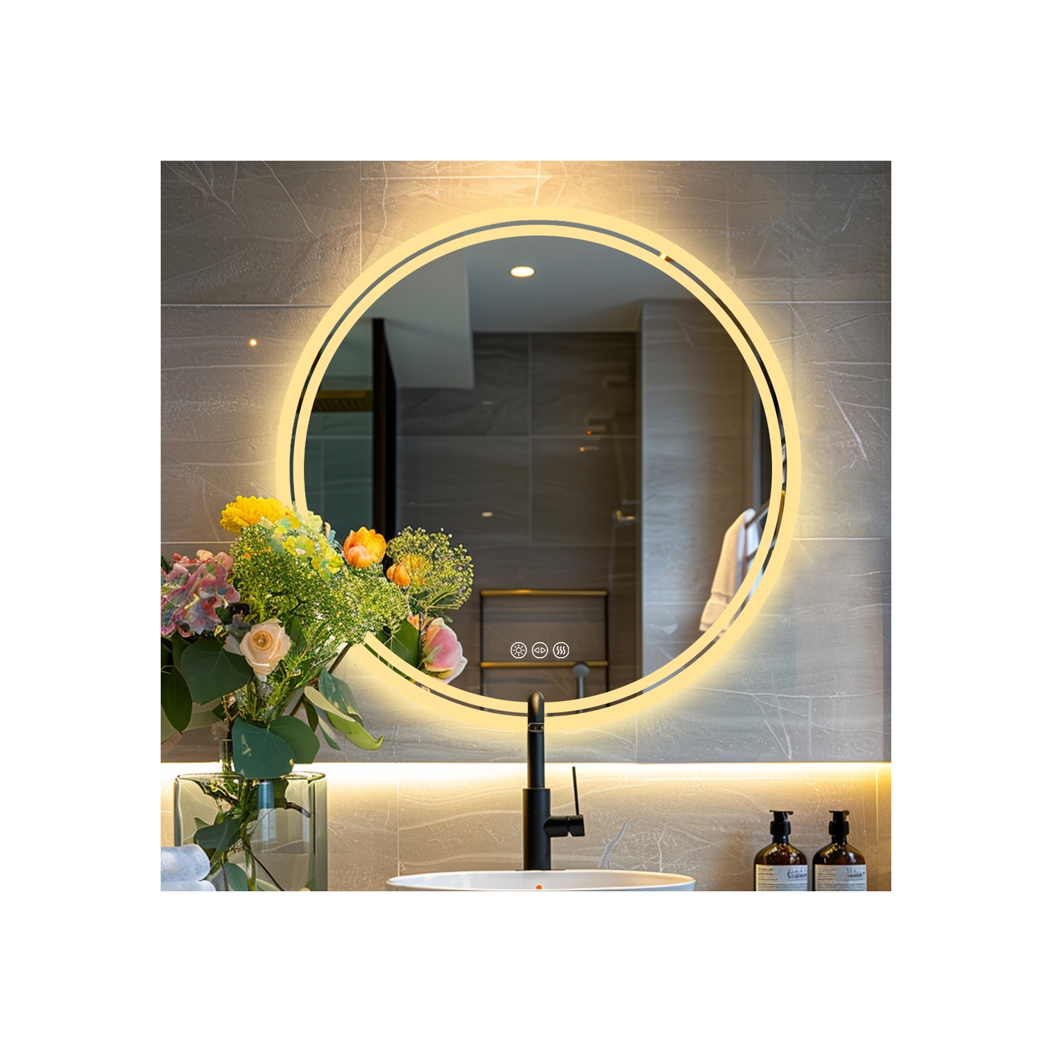 LUVODI 24 Inch Round LED Bathroom Mirror Backlit Anti-Fog Wall Mounted Lighted Bathroom Vanity Mirror 3 Colors Light Dimmable Smart Makeup Mirror
