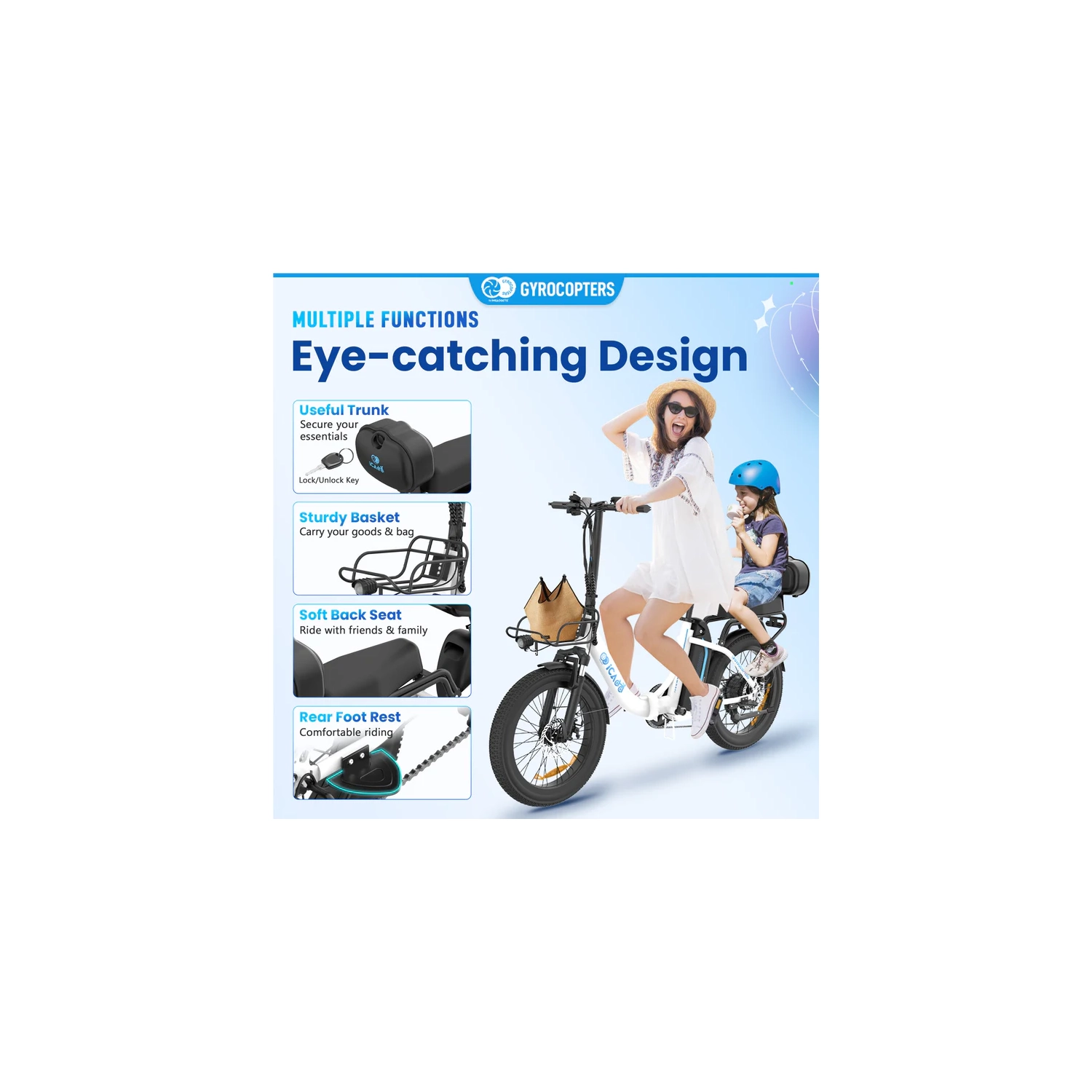 Gyrocopters iCaddy Foldable Adults Electric Cargo Bike with Basket | UL 2849 | 650W Peak Brushless DC Motor | Up to 125 km PAS Range | Speed Up to 40