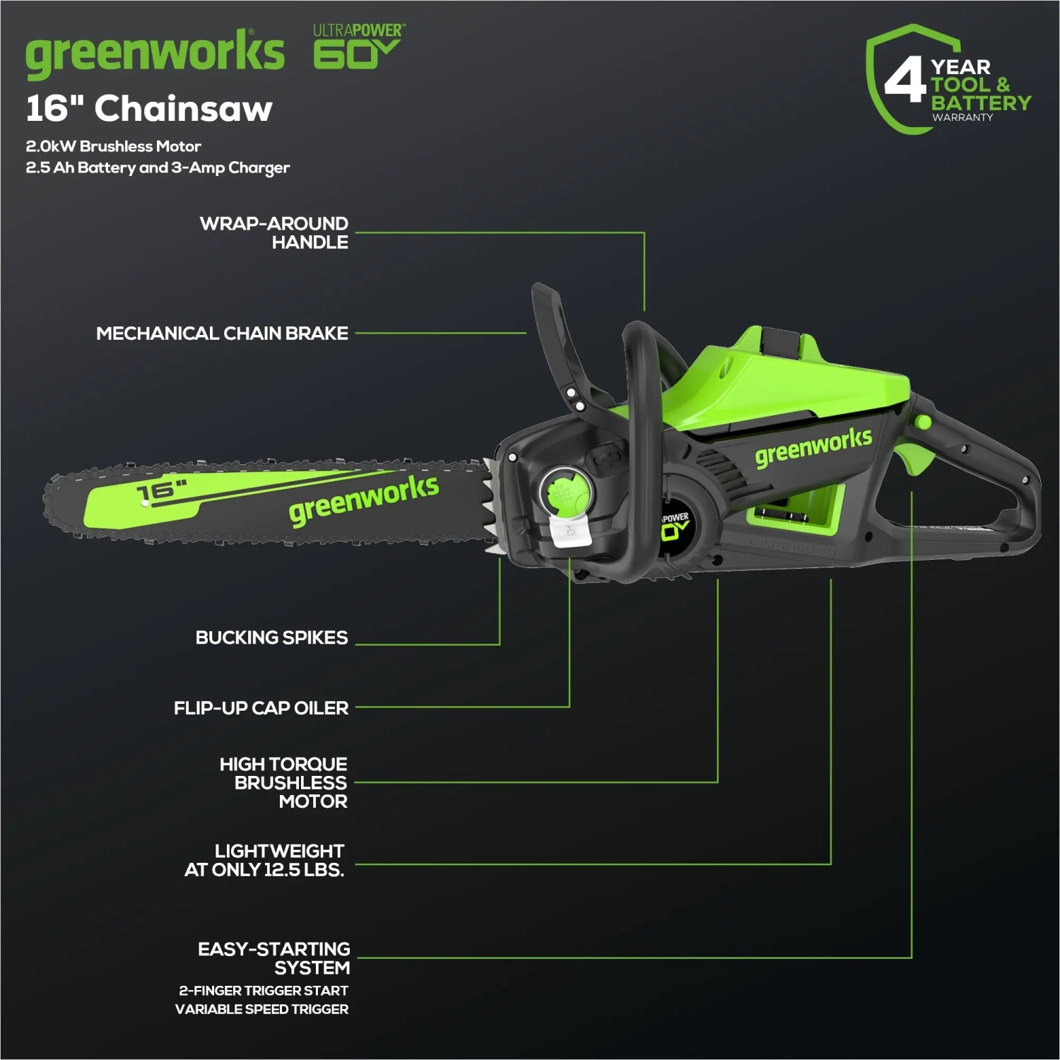 Greenworks 60V 16" Brushless Cordless Chainsaw, 2.5Ah Battery and Charger Included