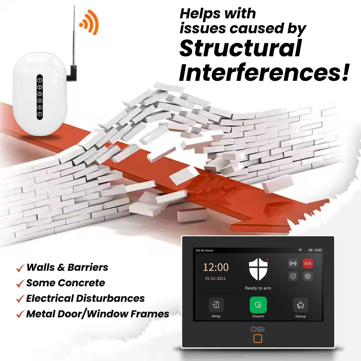 OSI Gen 2 Signal Repeater: Wireless Signal Repeater Amplifier for Wireless Alarm System Easy to Install, for contact sensor, motion sensor