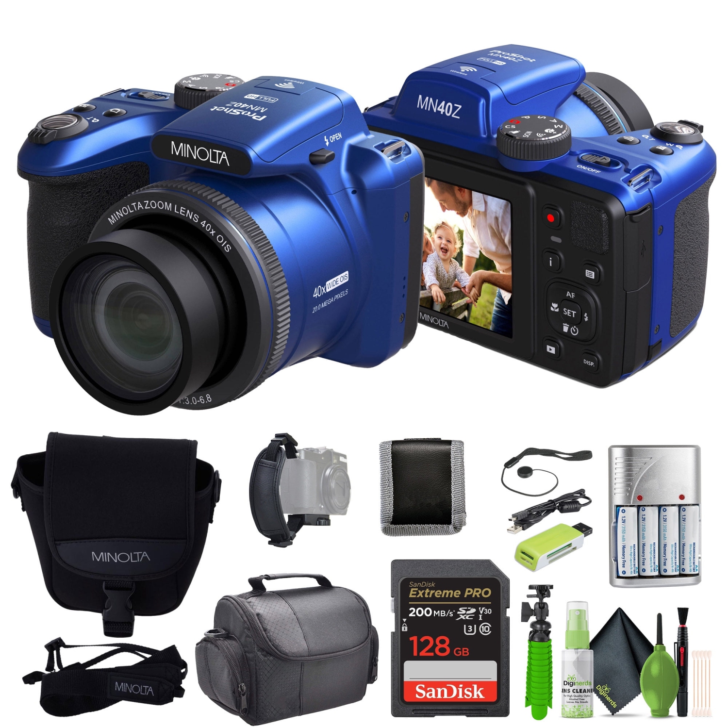 Minolta 20 Mega Pixels 40x Optical Zoom Digital Camera, 1080p FHD Video Bundle, Blue