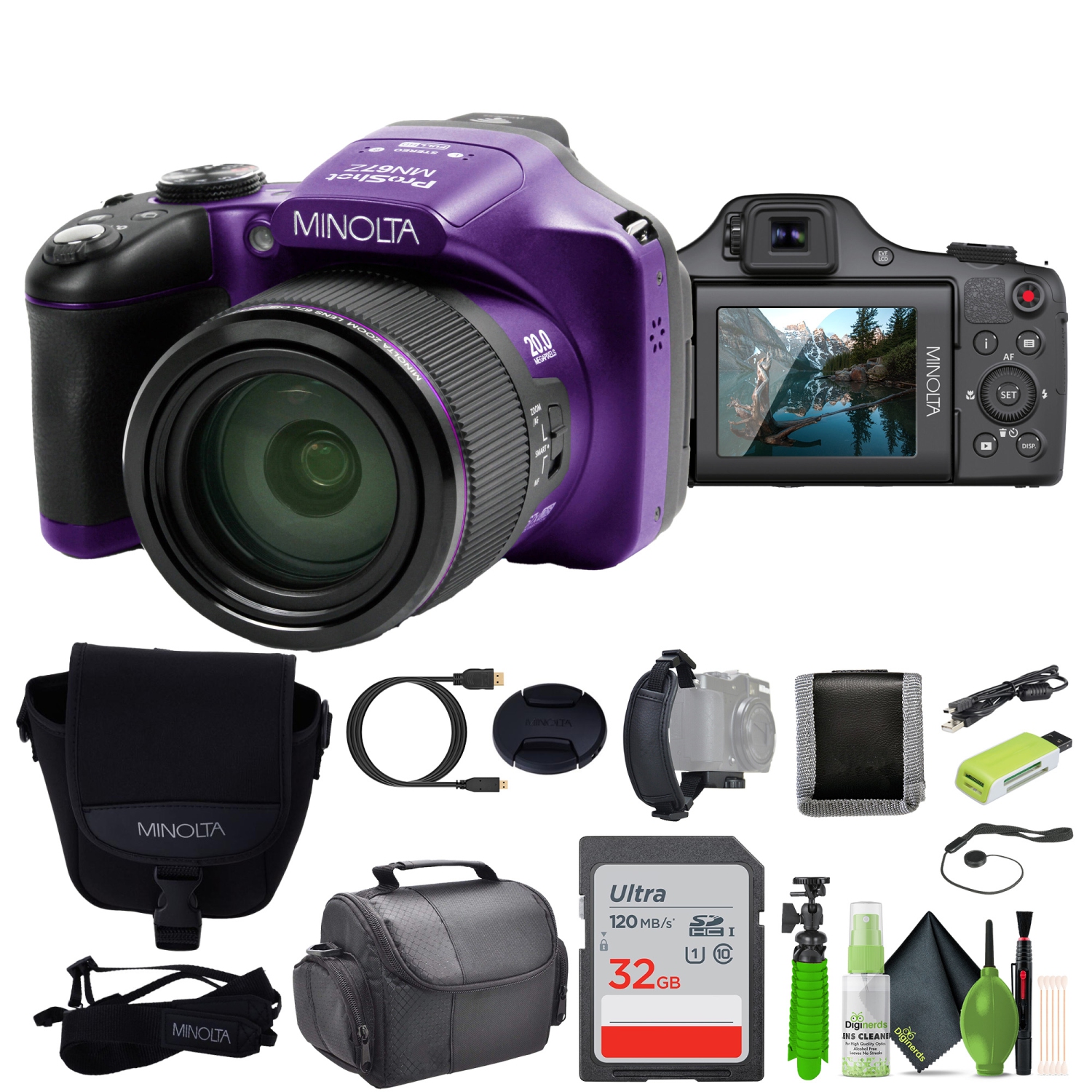 Minolta Pro Shot 20 MP HD Digital Camera with 67x Zoom, 1080p HD Video Bundle