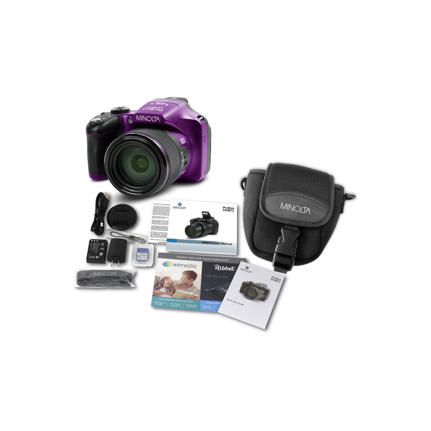 Minolta Pro Shot 20 MP HD Digital Camera with 67x Zoom, 1080p HD Video Bundle