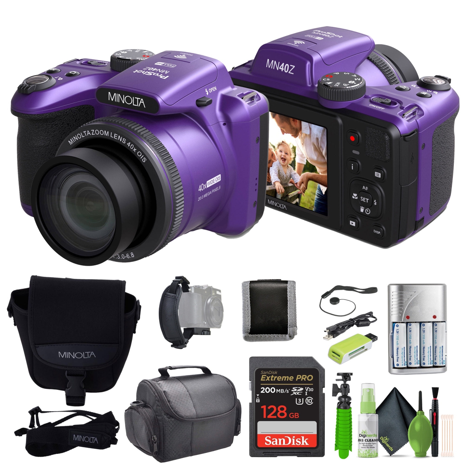 Minolta 20 Mega Pixels 40x Optical Zoom Digital Camera, 1080p FHD Video Bundle, Purple