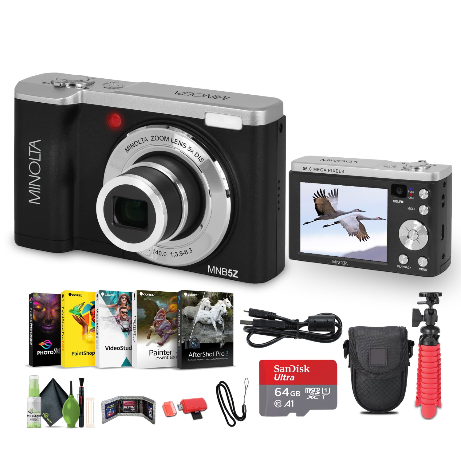 Minolta MNB5Z Digital Camera 56MP with 5x Optical Zoom in Black Bundle