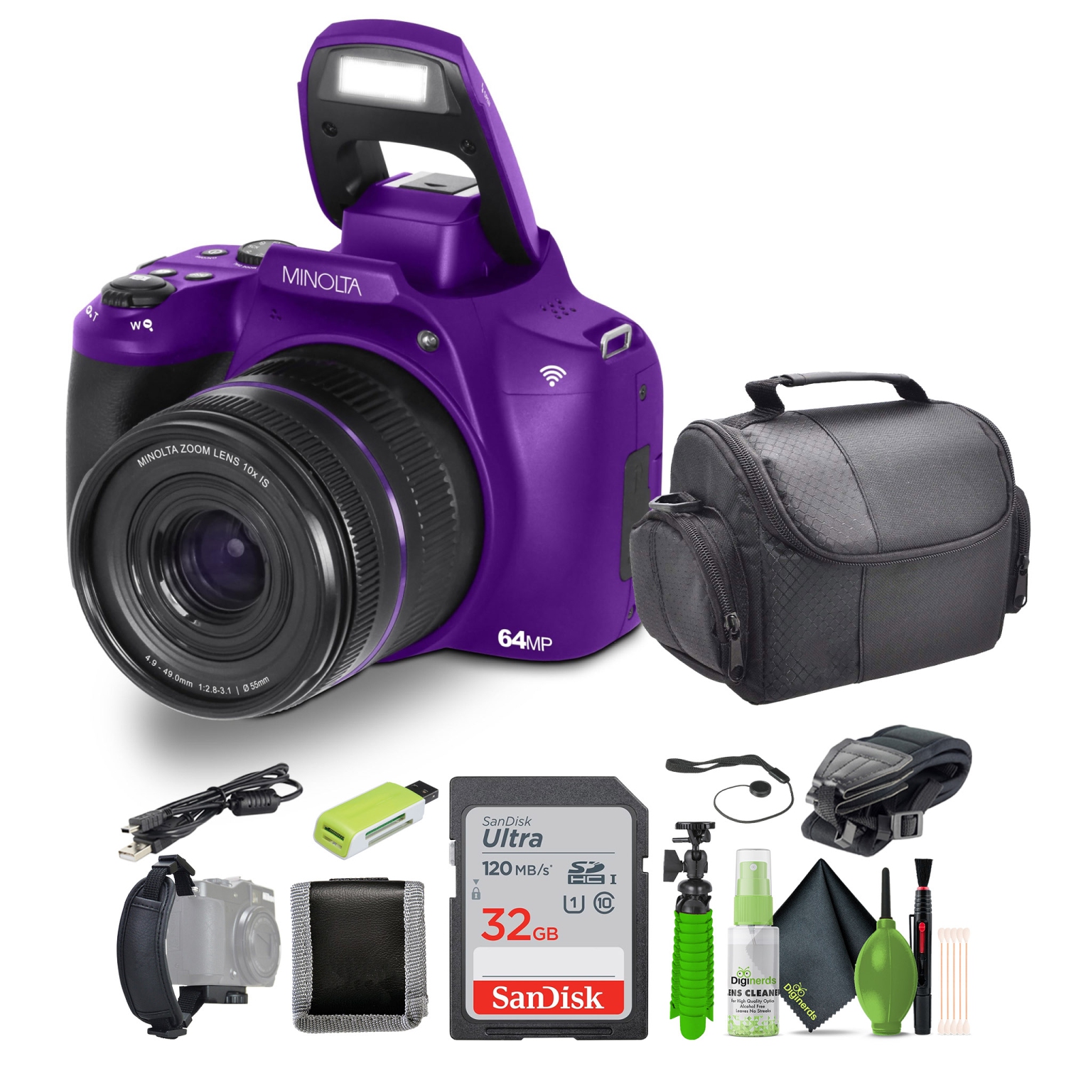 Minolta 64 Mega Pixels Auto Focus Digital Camera 4K Ultra HD Video Purple-Bundle