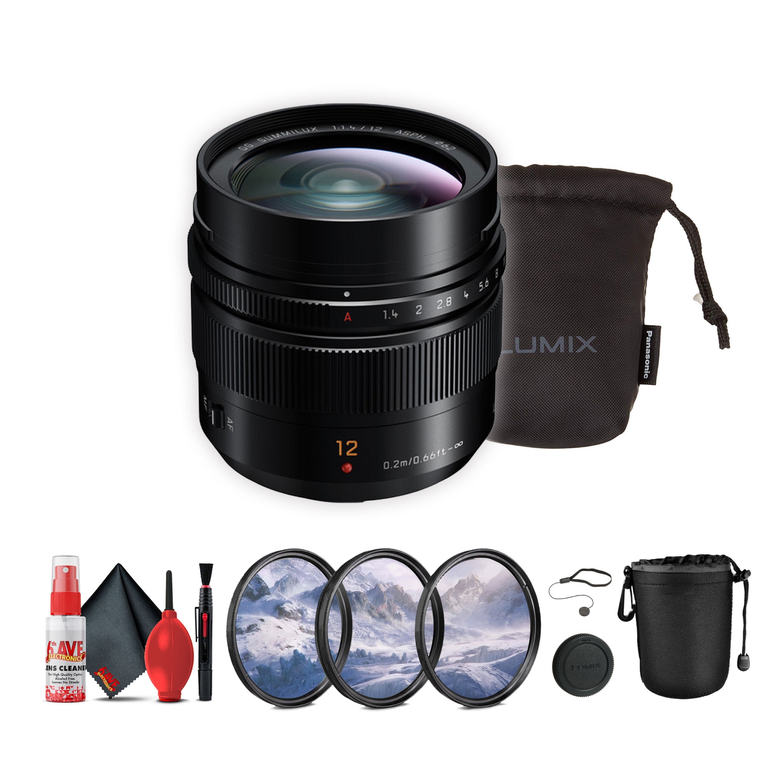 Ensemble avec objectif Leica DG Summilux 12&nbsp;mm f/1,4 de Panasonic et accessoires