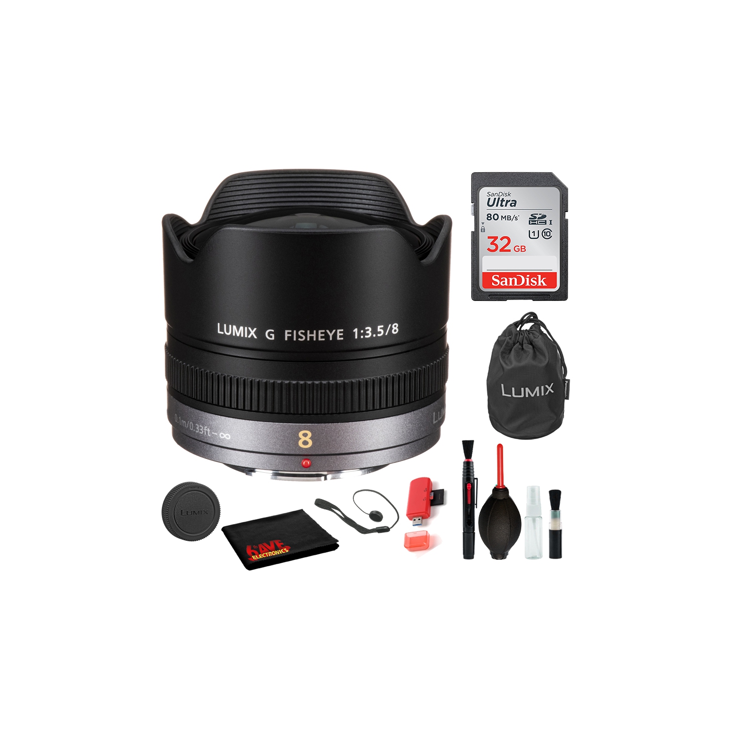 Panasonic Lumix G Fisheye 8mm f/3.5 Lens with Bundle: Sandisk 32gb SD Card, Deluxe Lens Cleaning Kit + More