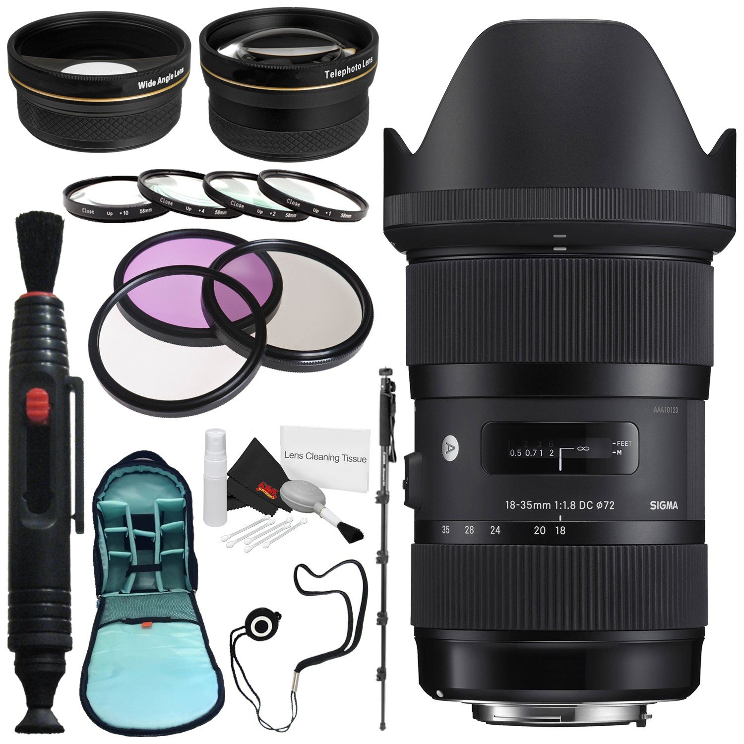 Sigma 18-35mm f/1.8 DC HSM Art Lens Nikon # 210-306 + 72mm 3 Piece Filter Kit + Lens Pen Cleaner + 72mm Wide Angle Lens + 272mm 2X Telephoto Lens +