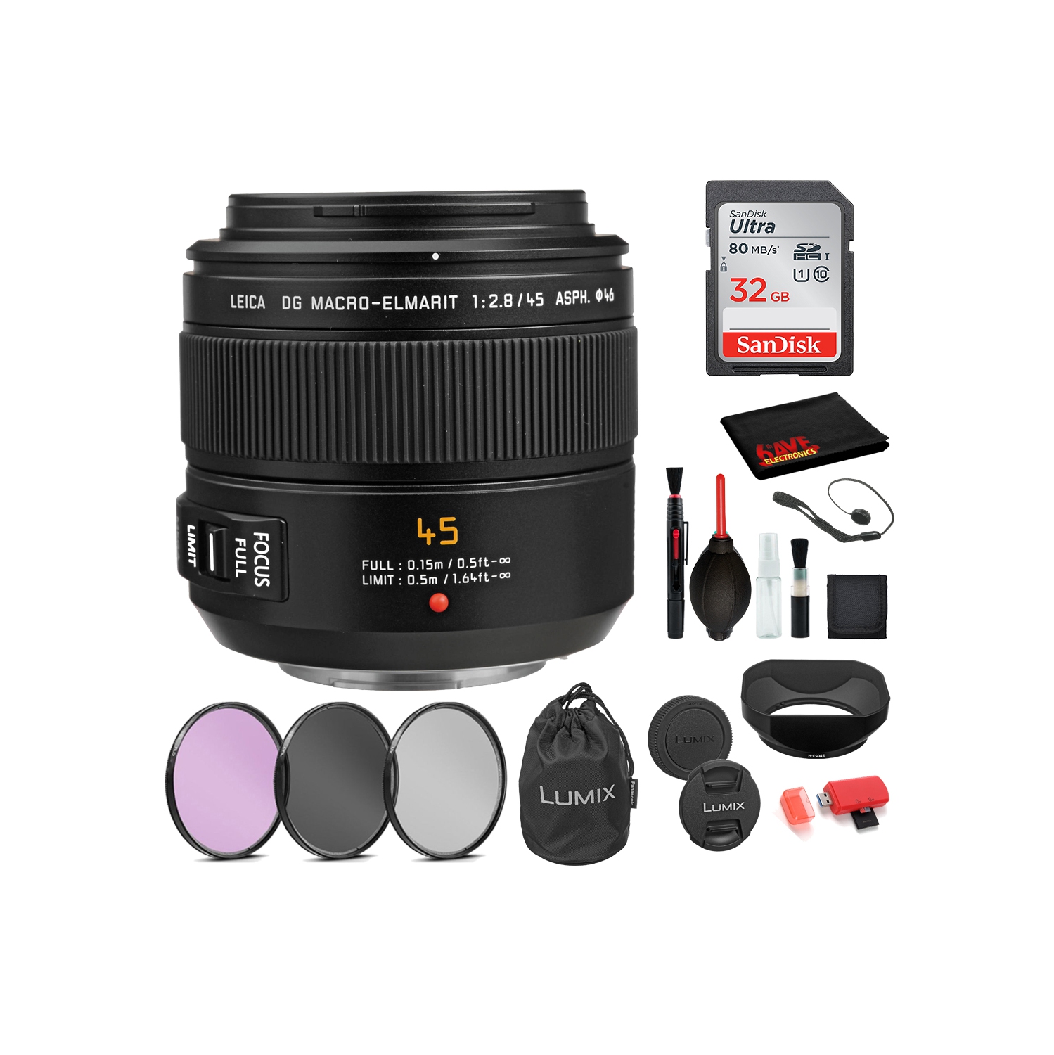 Panasonic Leica DG Macro-Elmarit 45mm f/2.8 ASPH. MEGA O.I.S. Lens with: Sandisk 32GB SD Card, 3PC Filter Kit + More