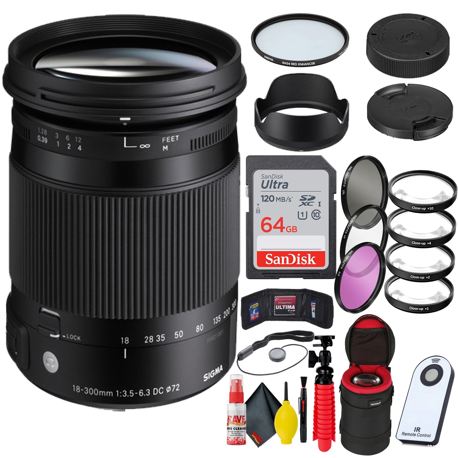 Sigma 18-300mm f/3.5-6.3 DC Macro OS HSM Contemporary Lens for Nikon F + 64GB SD Card Bundle