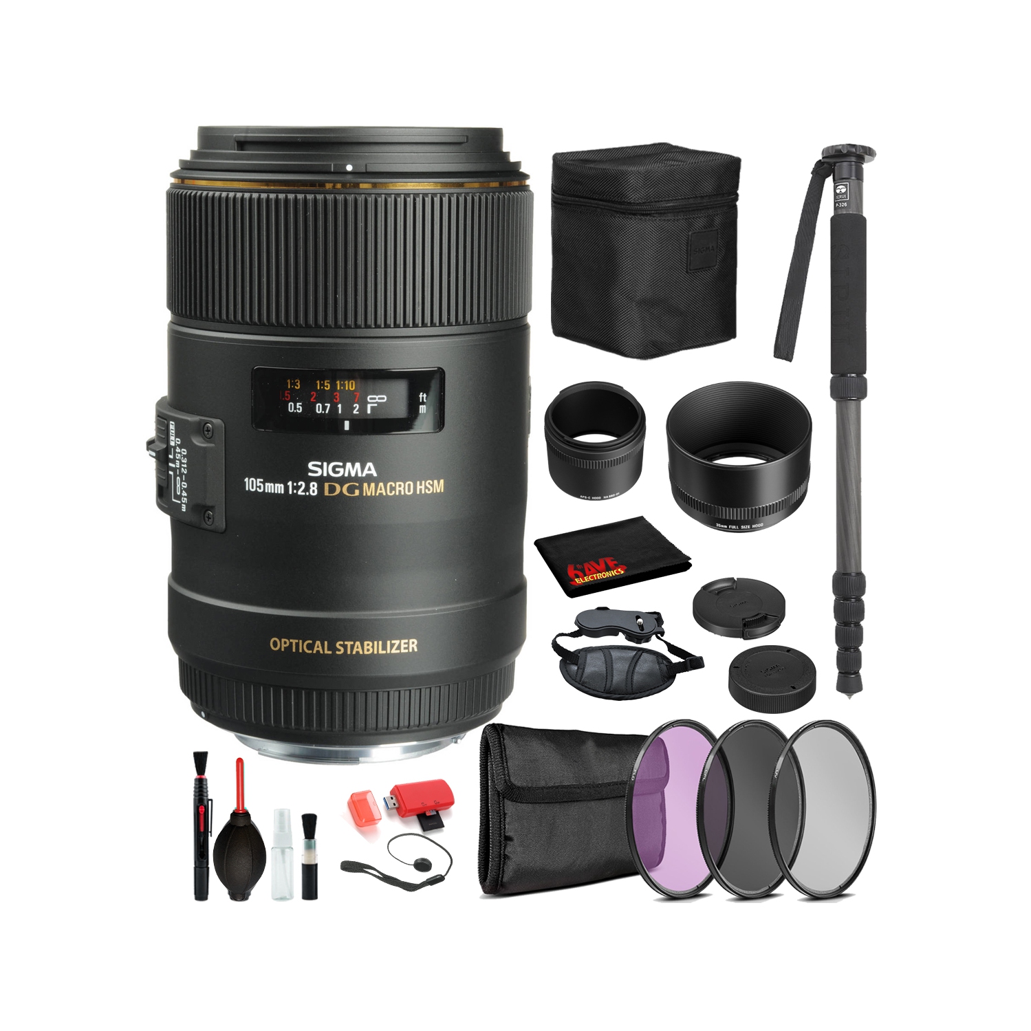 Sigma 105mm f/2.8 EX DG OS HSM Macro Lens for Nikon F with Bundle Includes: Pro Series Monopod, 3PC Filter Kit + More