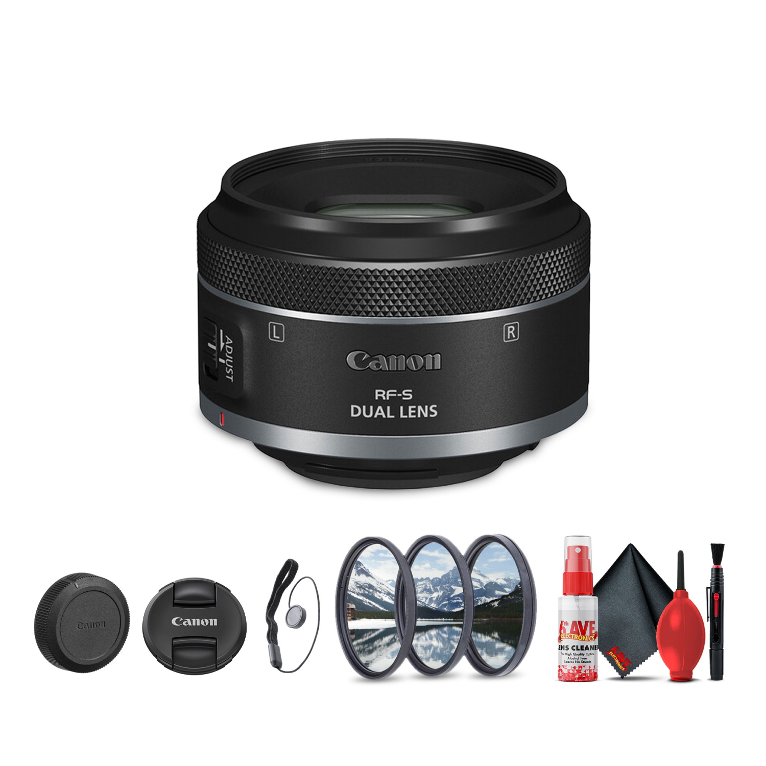 Canon RF-S 7.8mm f/4 STM Dual Lens + Lens Filter Kit + Cleaning Kit + More