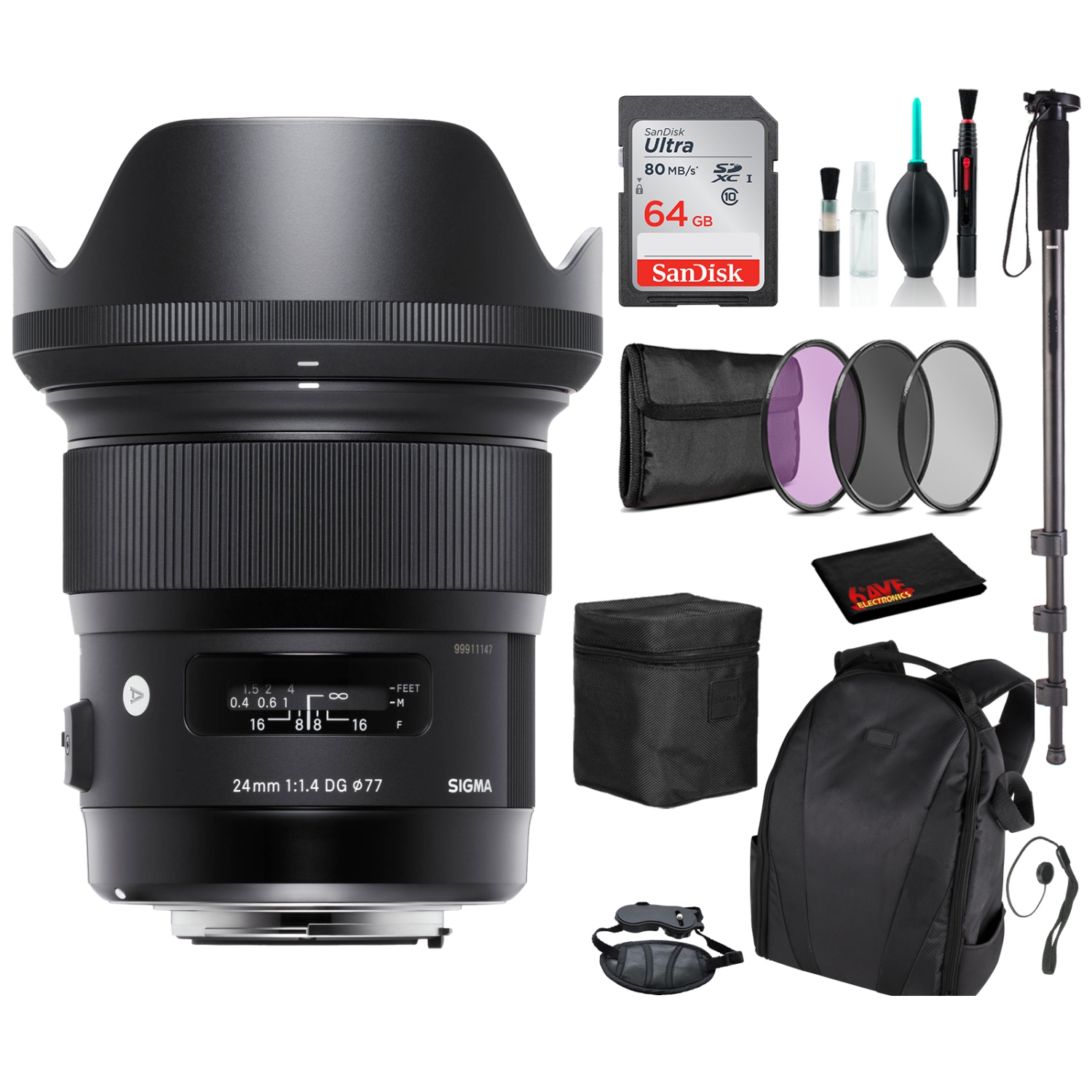 Sigma 24mm f/1.4 DG HSM Art Lens for Nikon F with Advance Bundle: Backpack + Sandisk 64gb SD+ More