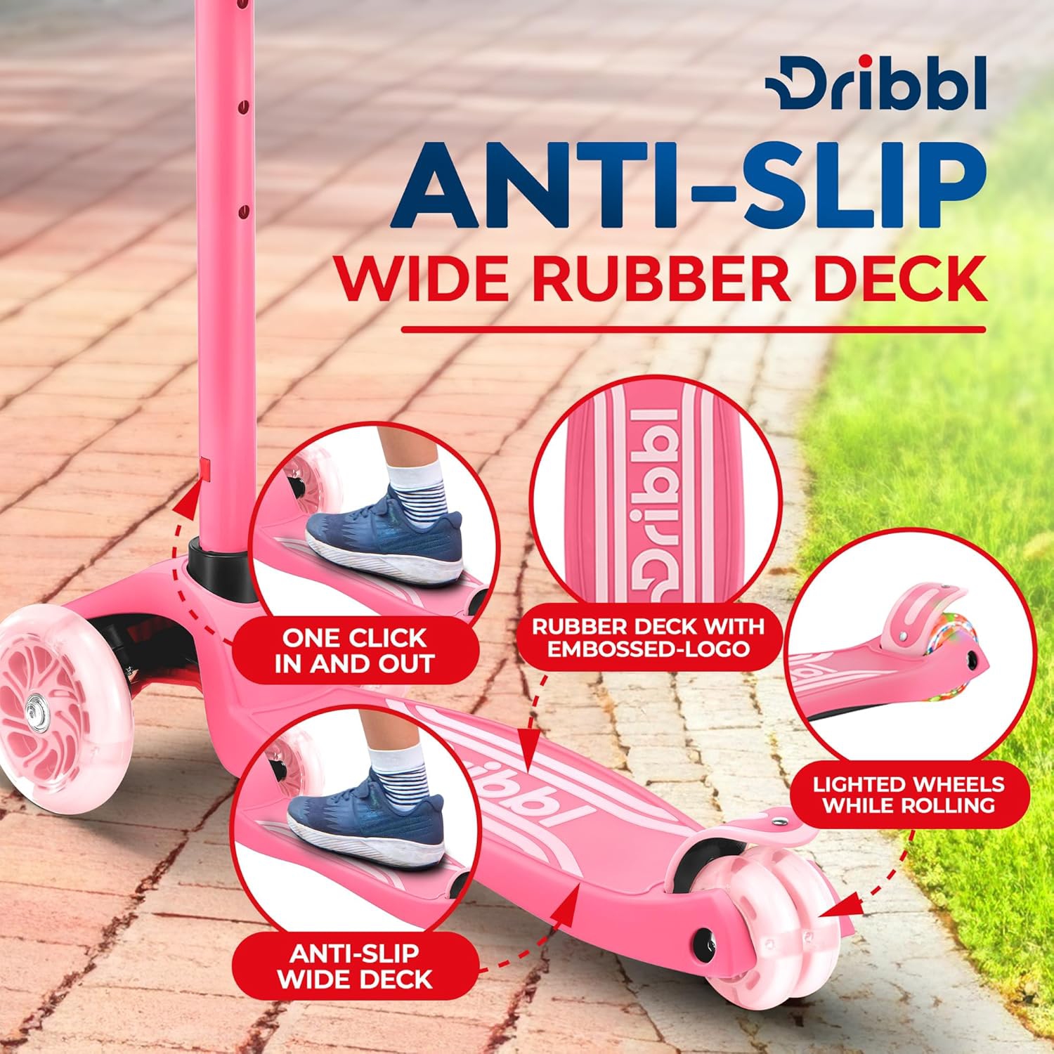 Dribbl 3-Wheel Kids Scooter – Lean-to-Steer Kick Scooter with Adjustable Handlebar, Anti-Slip Deck, Supports Up to 165 lbs – For Boys & Girls Age 3+,
