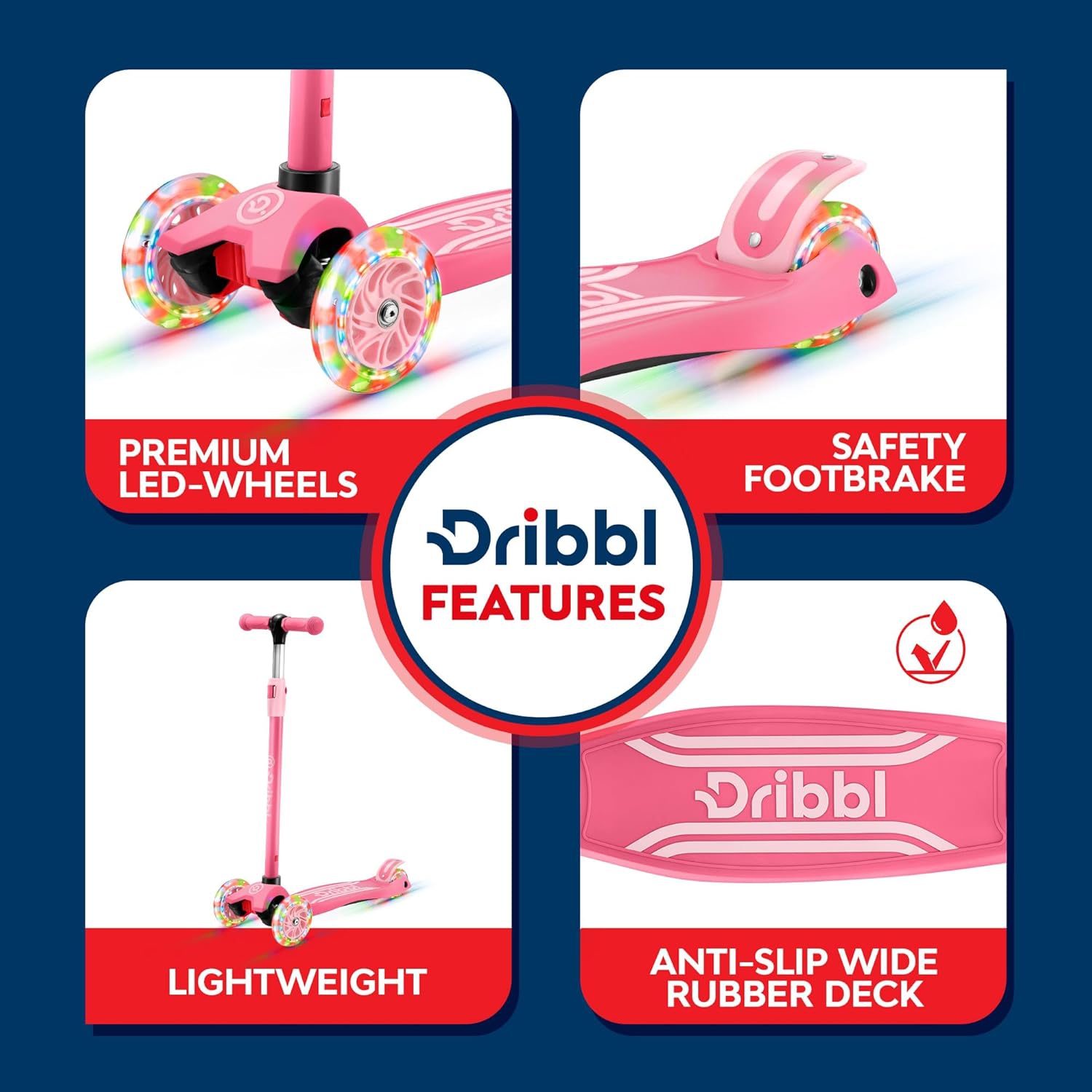Dribbl 3-Wheel Kids Scooter – Lean-to-Steer Kick Scooter with Adjustable Handlebar, Anti-Slip Deck, Supports Up to 165 lbs – For Boys & Girls Age 3+,