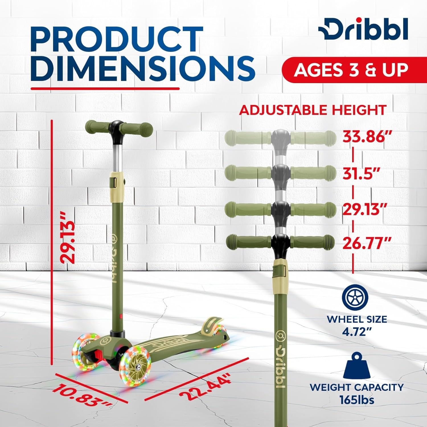 Dribbl 3-Wheel Kids Scooter – Lean-to-Steer Kick Scooter with Adjustable Handlebar, Anti-Slip Deck, Supports Up to 165 lbs – For Boys & Girls Age 3+,