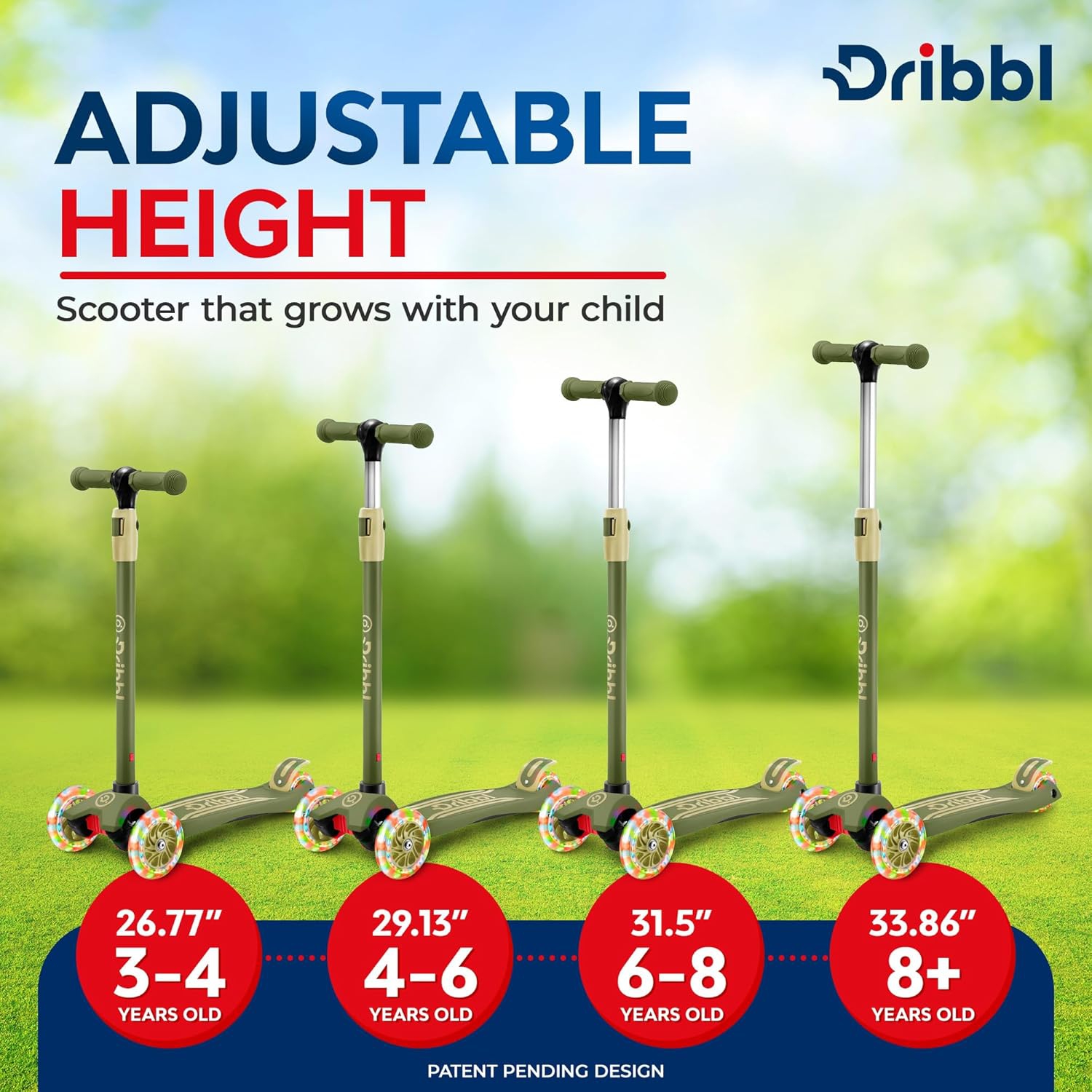 Dribbl 3-Wheel Kids Scooter – Lean-to-Steer Kick Scooter with Adjustable Handlebar, Anti-Slip Deck, Supports Up to 165 lbs – For Boys & Girls Age 3+,