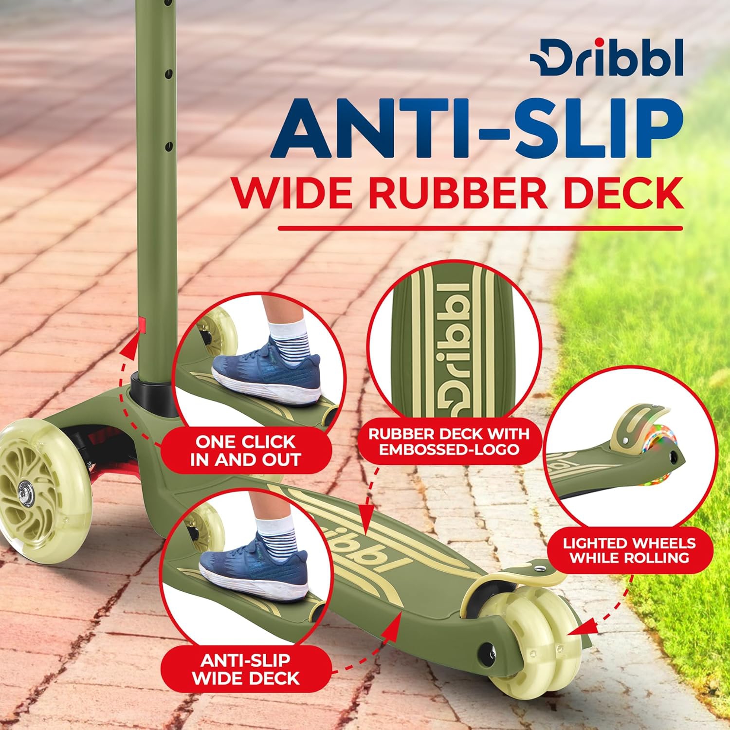 Dribbl 3-Wheel Kids Scooter – Lean-to-Steer Kick Scooter with Adjustable Handlebar, Anti-Slip Deck, Supports Up to 165 lbs – For Boys & Girls Age 3+,