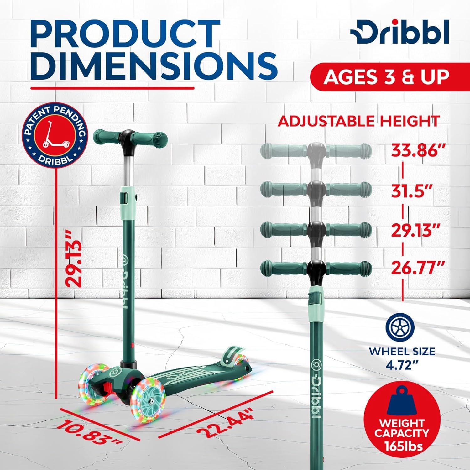 Trottinette à 3 roues pour enfants Dribl – Trottinette Lean-to-Steer avec guidon réglable, plateforme antidérapante, supports jusqu'à 165&nbsp;lb –
