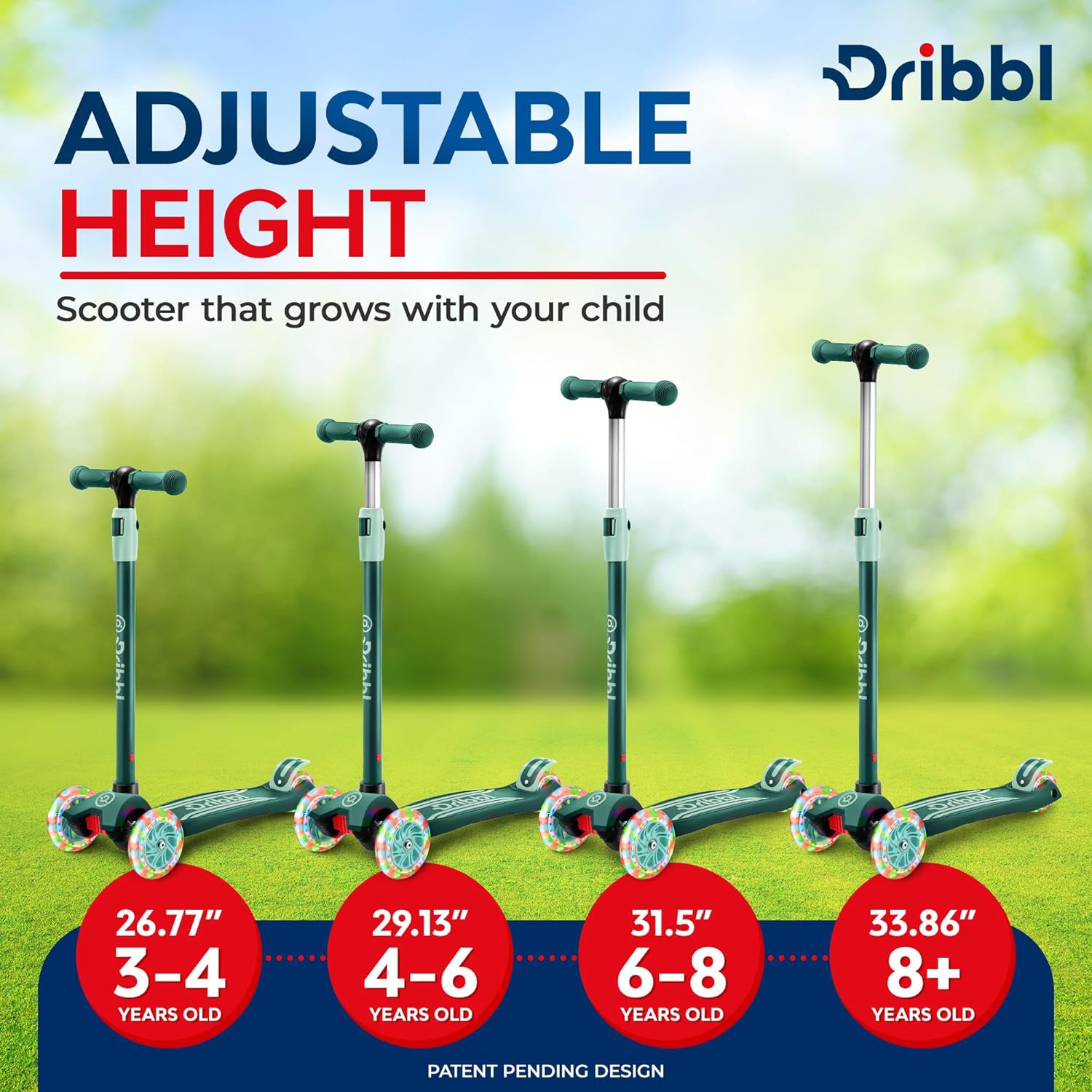 Trottinette à 3 roues pour enfants Dribl – Trottinette Lean-to-Steer avec guidon réglable, plateforme antidérapante, supports jusqu'à 165&nbsp;lb –