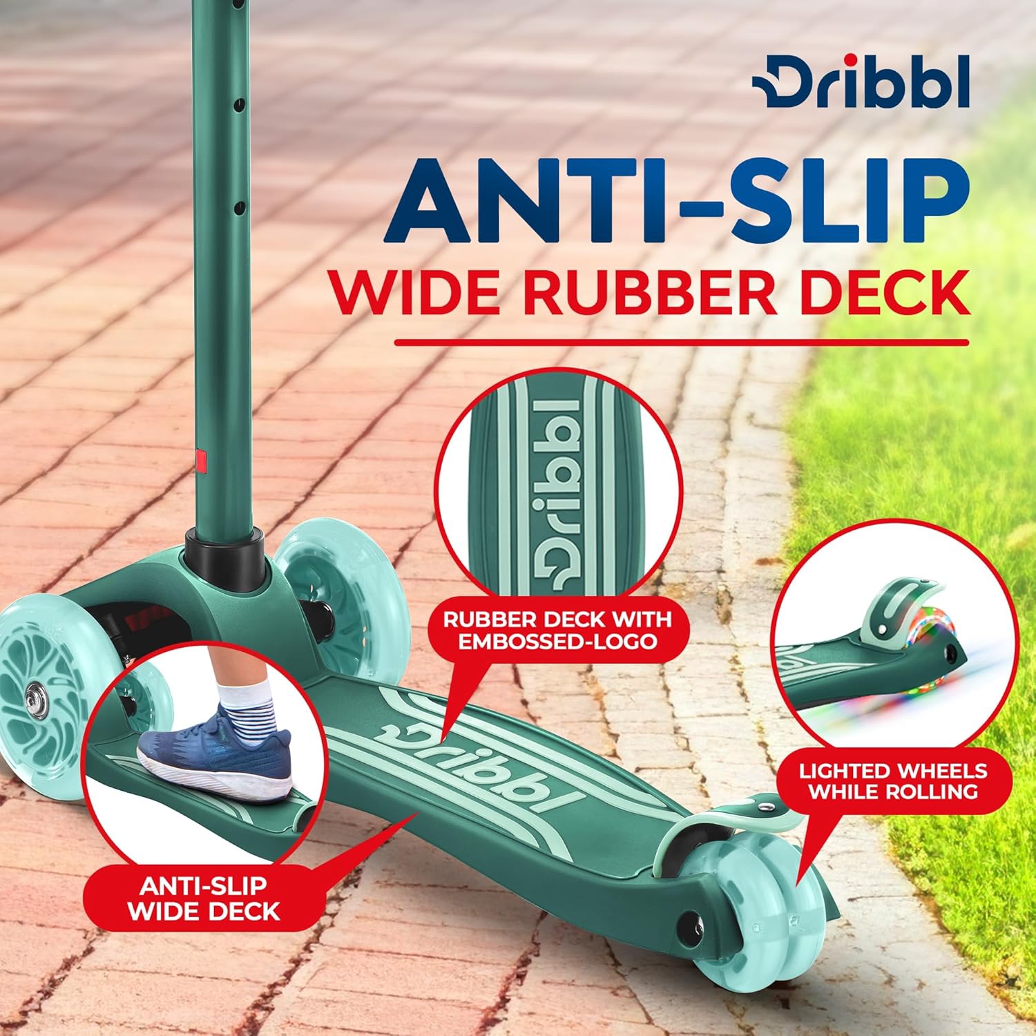 Trottinette à 3 roues pour enfants Dribl – Trottinette Lean-to-Steer avec guidon réglable, plateforme antidérapante, supports jusqu'à 165&nbsp;lb –