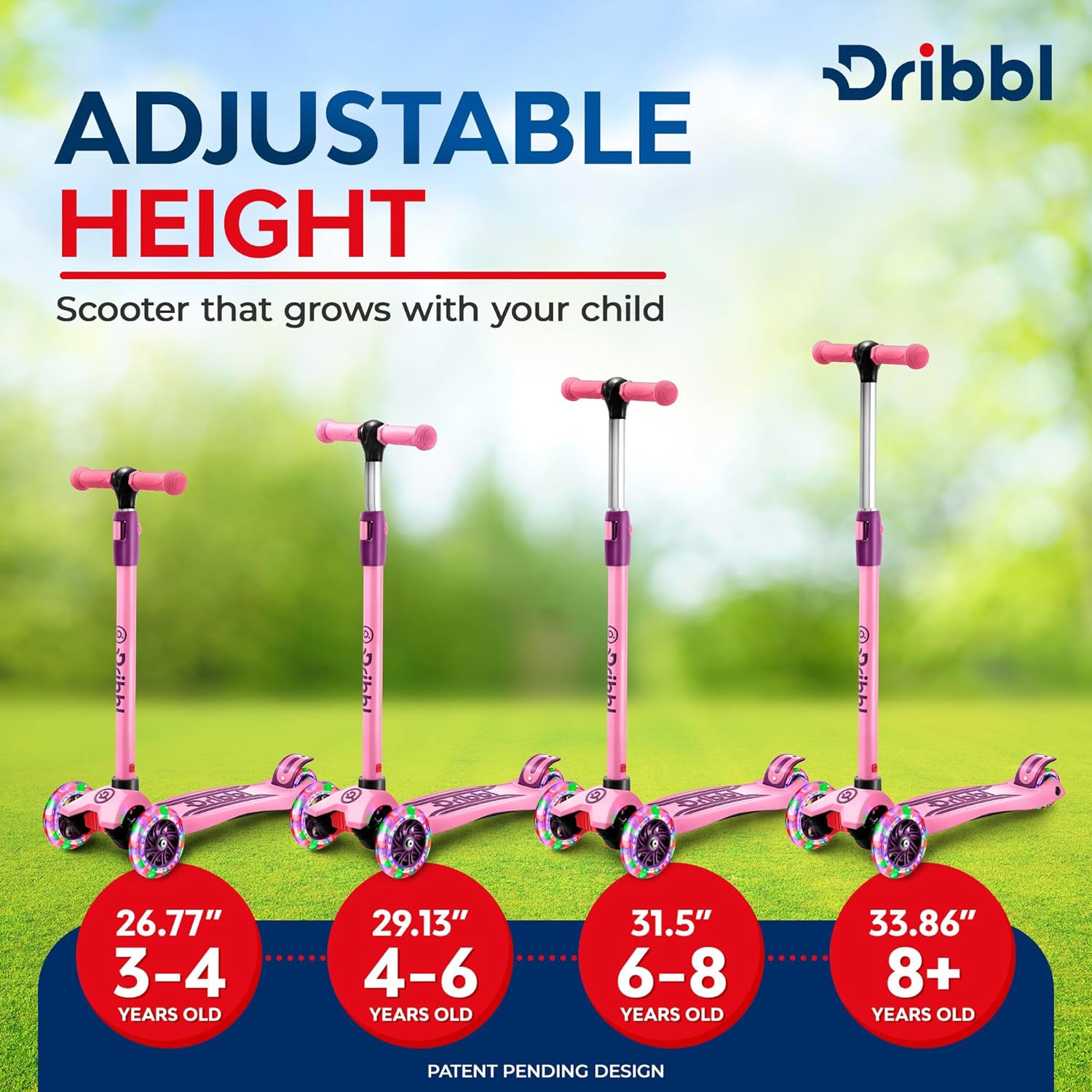 Dribbl 3-Wheel Kids Scooter – Lean-to-Steer Kick Scooter with Adjustable Handlebar, Anti-Slip Deck, Supports Up to 165 lbs – For Boys & Girls Age 3+,