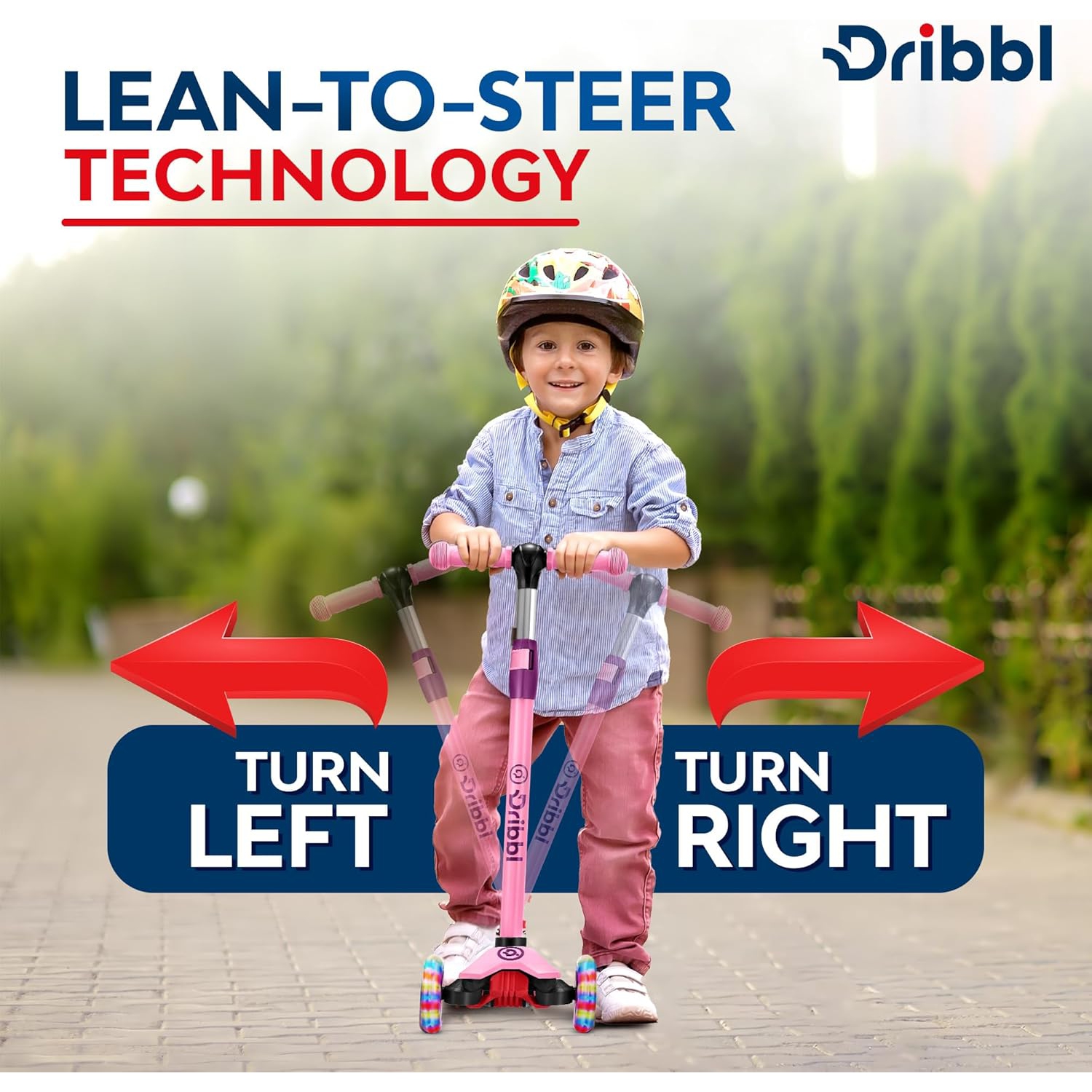 Dribbl 3-Wheel Kids Scooter – Lean-to-Steer Kick Scooter with Adjustable Handlebar, Anti-Slip Deck, Supports Up to 165 lbs – For Boys & Girls Age 3+,