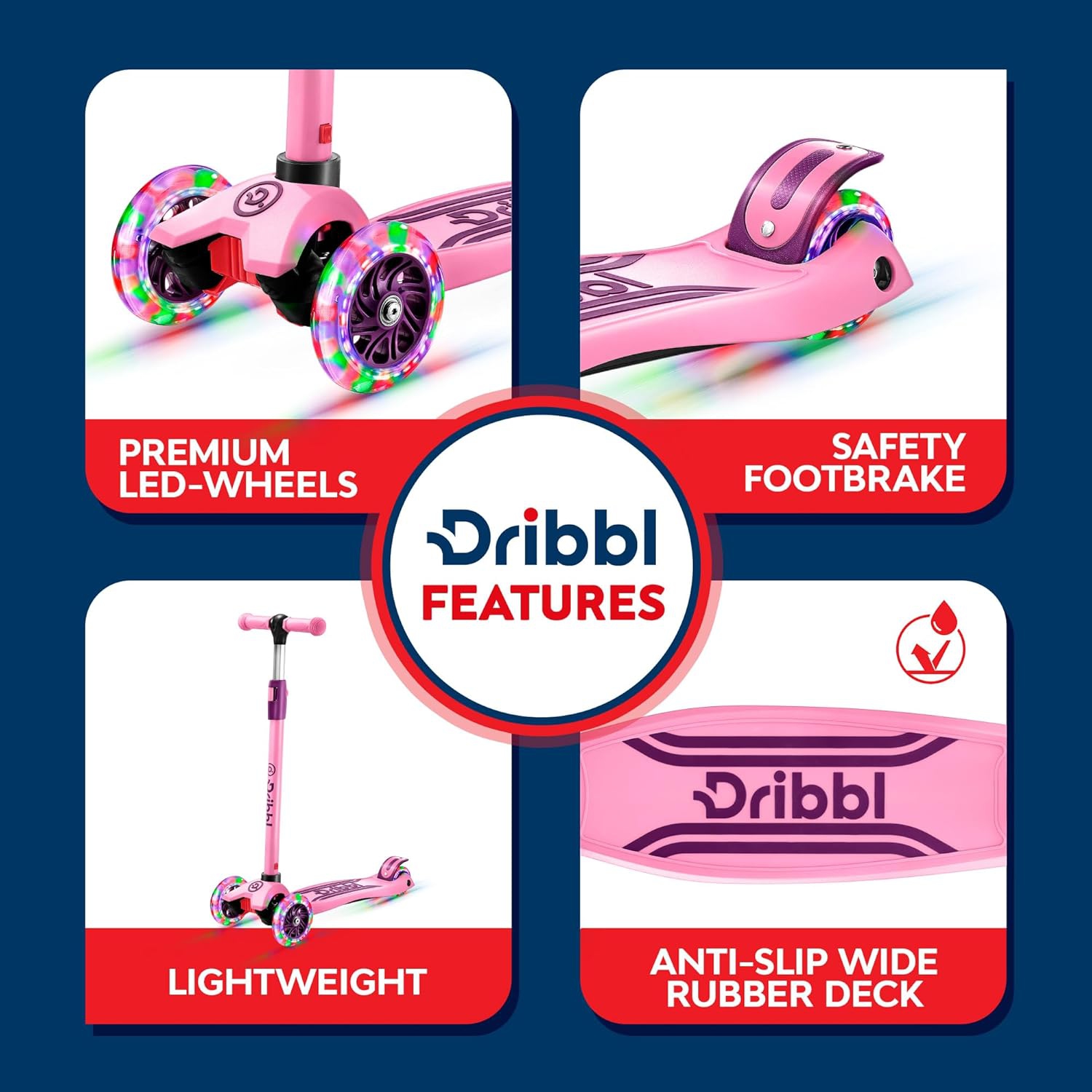 Dribbl 3-Wheel Kids Scooter – Lean-to-Steer Kick Scooter with Adjustable Handlebar, Anti-Slip Deck, Supports Up to 165 lbs – For Boys & Girls Age 3+,